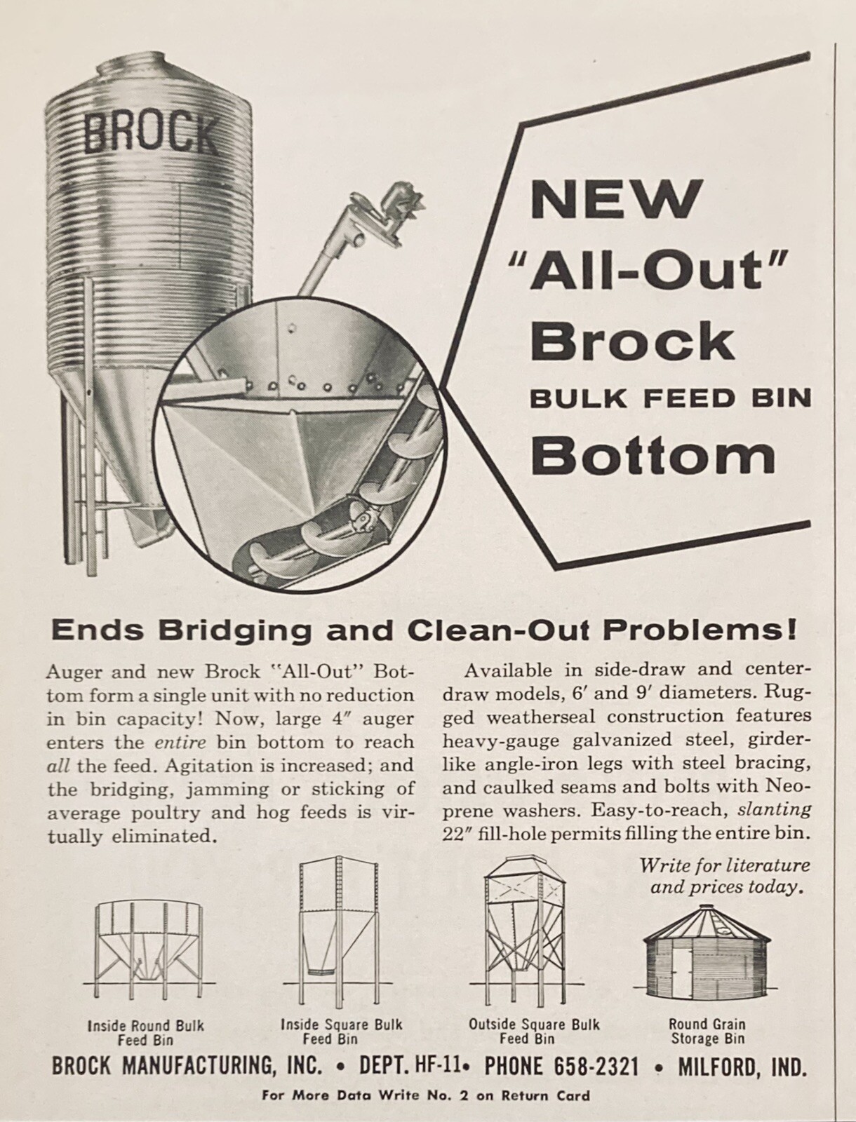 1963 AD.(XH52)~BROCK MFG. CO. MILFORD, IND. BROCK “ALL-OUT” BULK FEED BINS