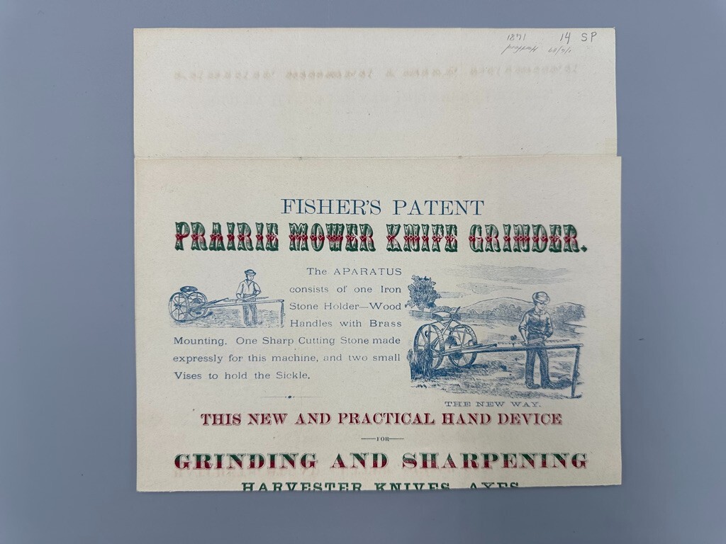 1890s Fisher’s PRAIRIE MOWER KNIFE Grinding SHARPENER Canton OH Advertising FARM
