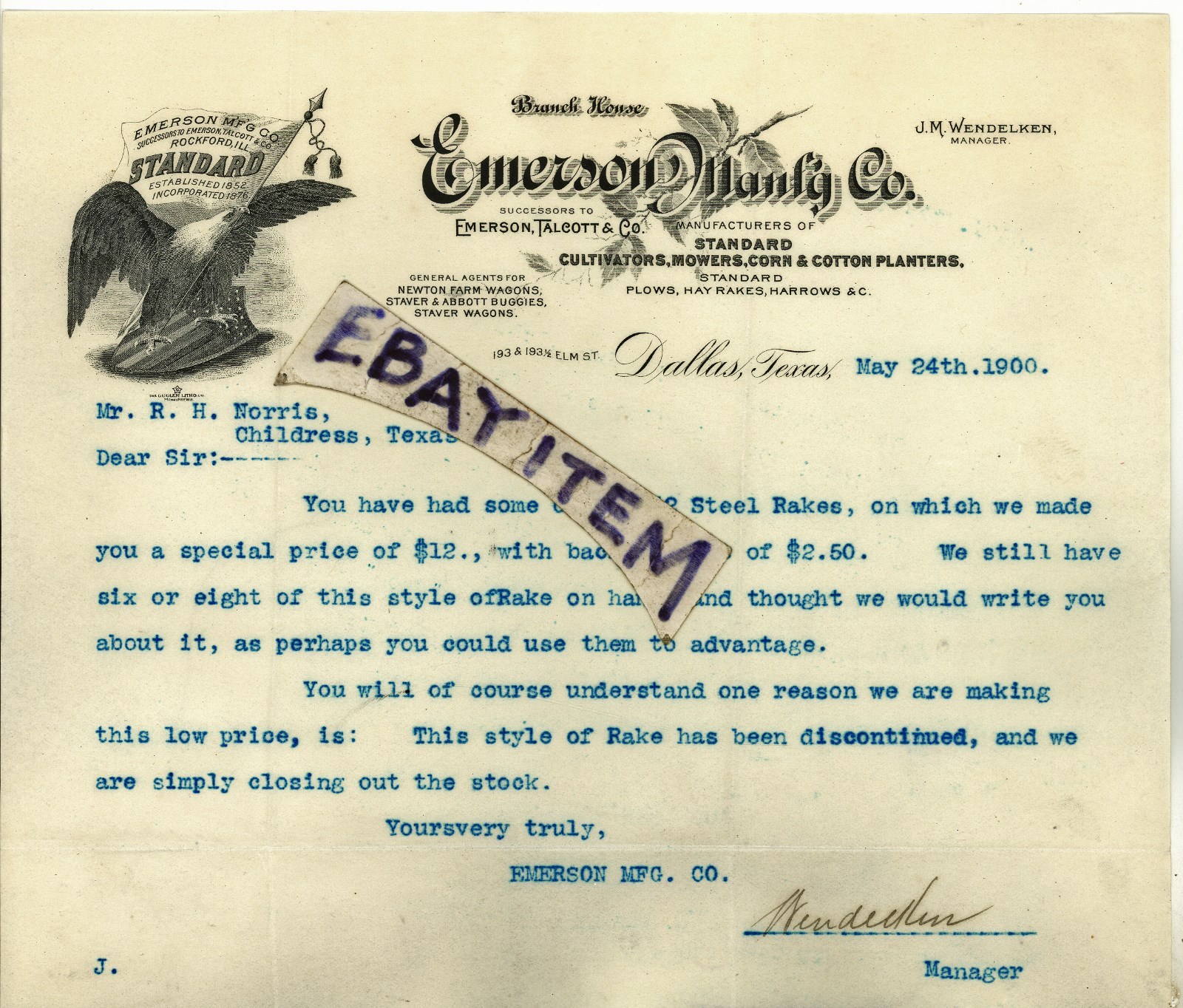 1900 LETTERHEAD Emerson Manufacturing DALLAS TEXAS Farm Machinery J M WENDELKEN
