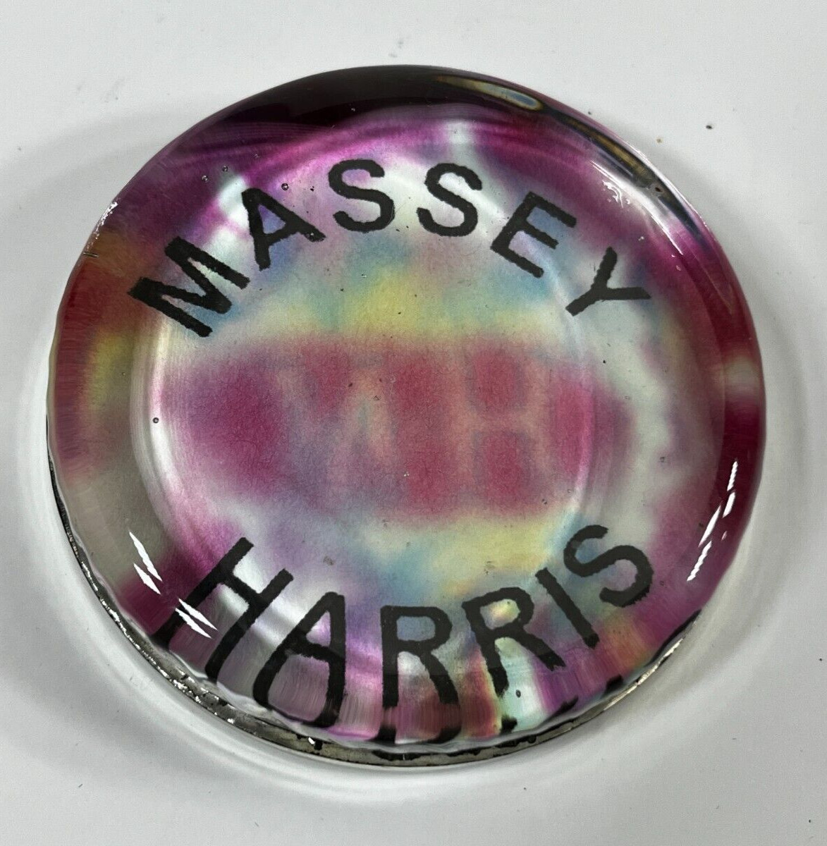 Massey Harris Glass Paperweight Tractor Advertising Folk Art 3.5″ Vintage