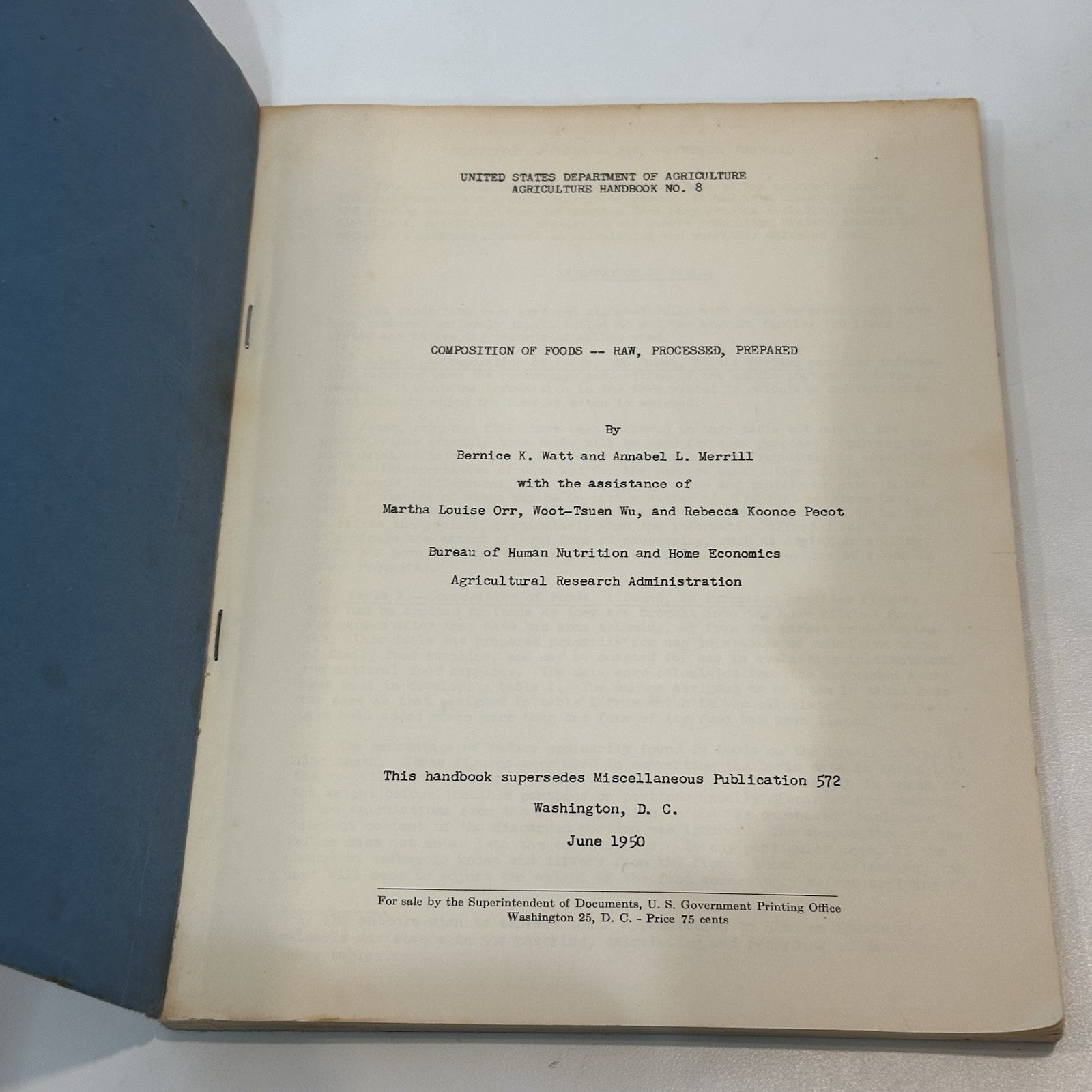 Vtg 1950 Composition Of Foods U.S. Dept Of Agriculture Research Handbook #8