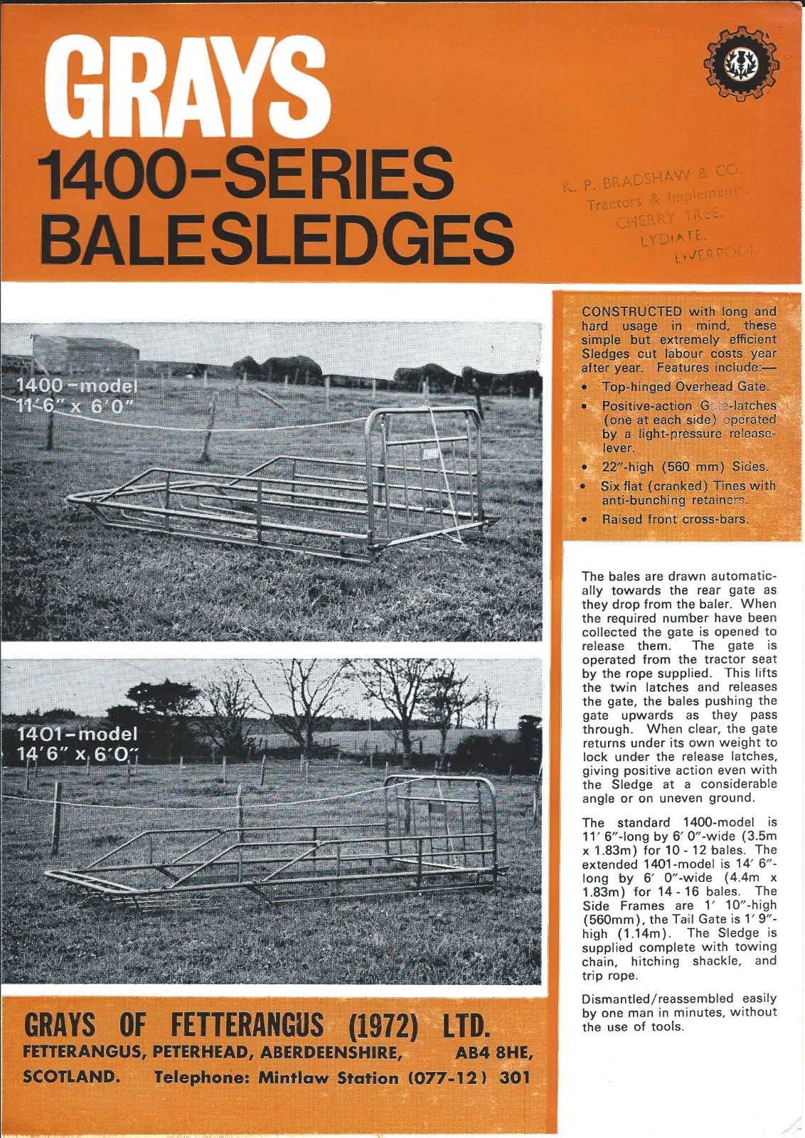 Farm Equipment Brochure – Grays – 1400 series – Bale Sledge – c1970’s (F5131)