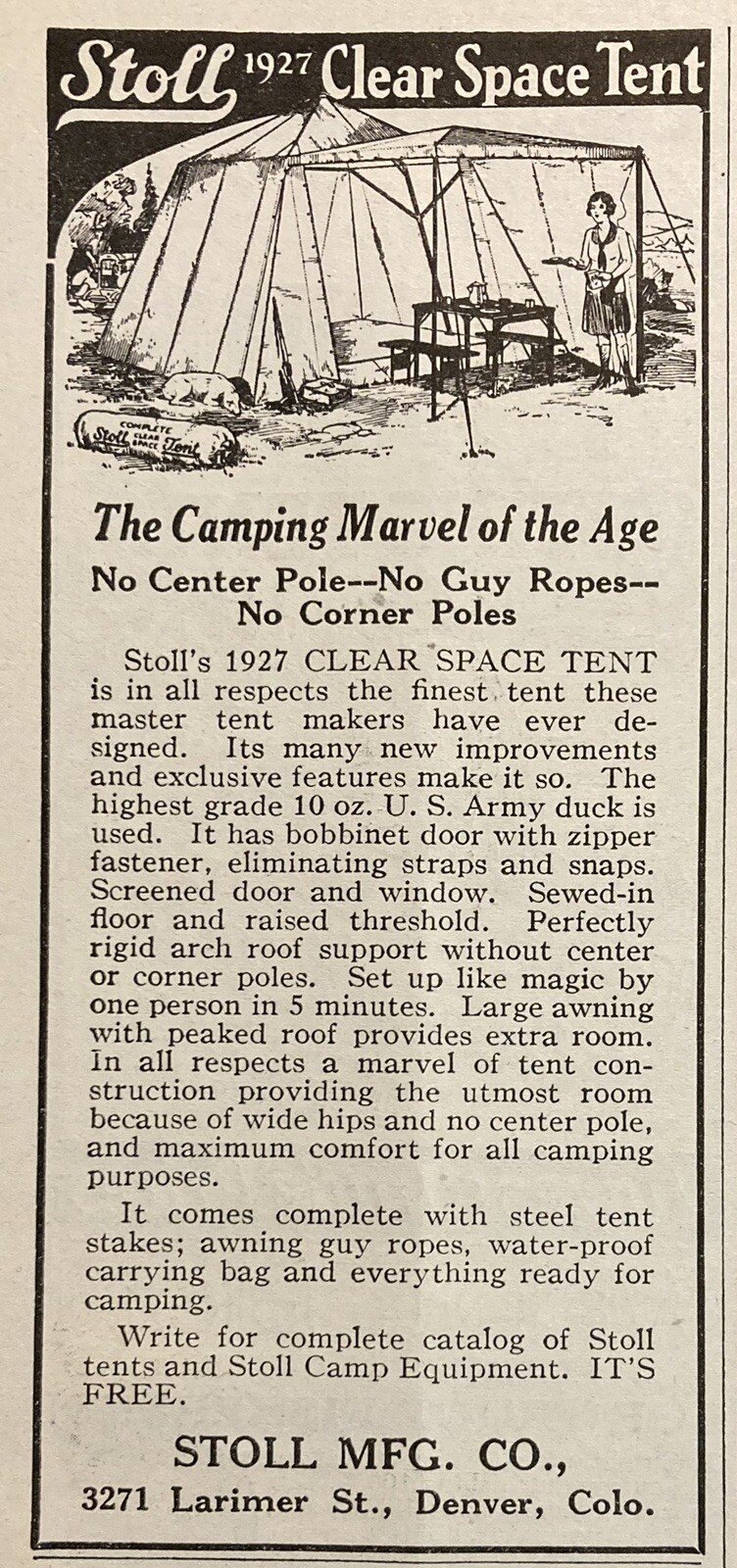 1927 AD.(XH60)~STOLL MFG. CO. DENVER, CO. STOLL’S 1927 CLEAR SPACE TENT