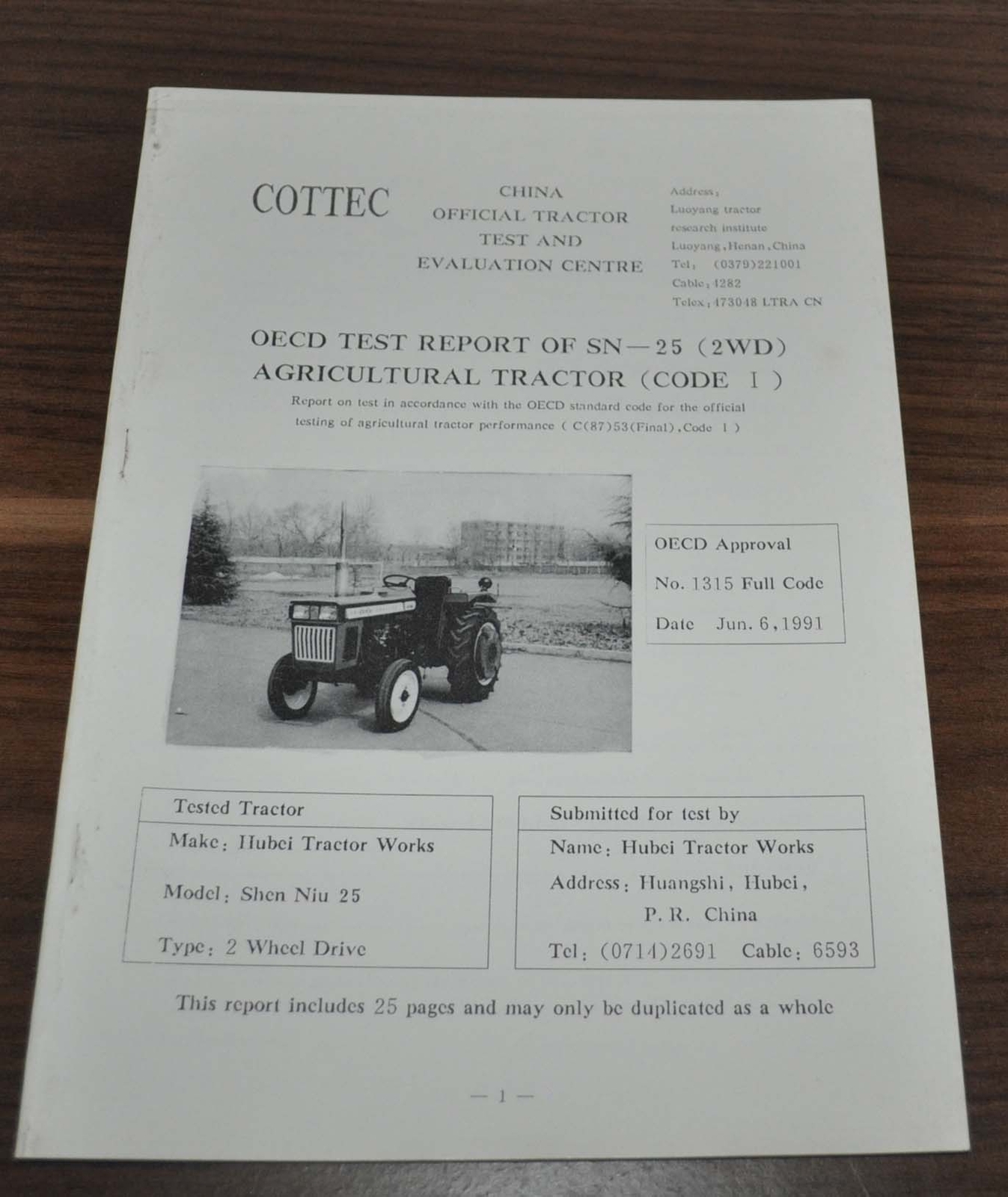 1991 Hubei Test Report Tractor China Specification Brochure Prospekt