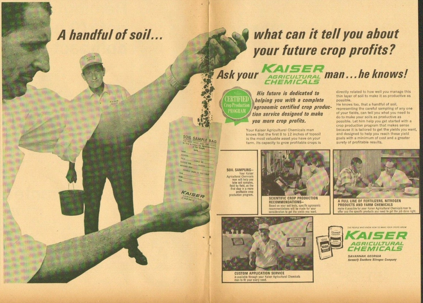 1967 2 Page Print Ad of Kaiser Agricultural Chemicals Farm Soil Sampling