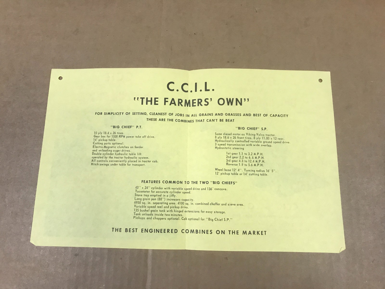 Vintage CCIL “The Farmer’s Own” – Big Chief S.P. Combine Brochure