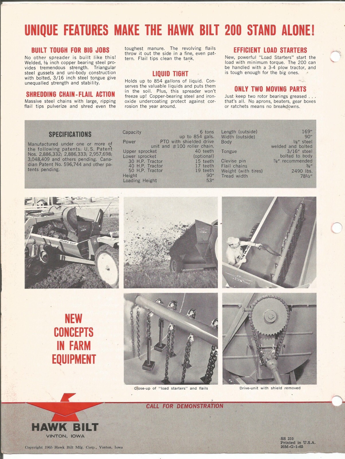 Original OE Hawk Bilt Model 200 Side Delivery Spreader Sales Brochure SS310 1-65