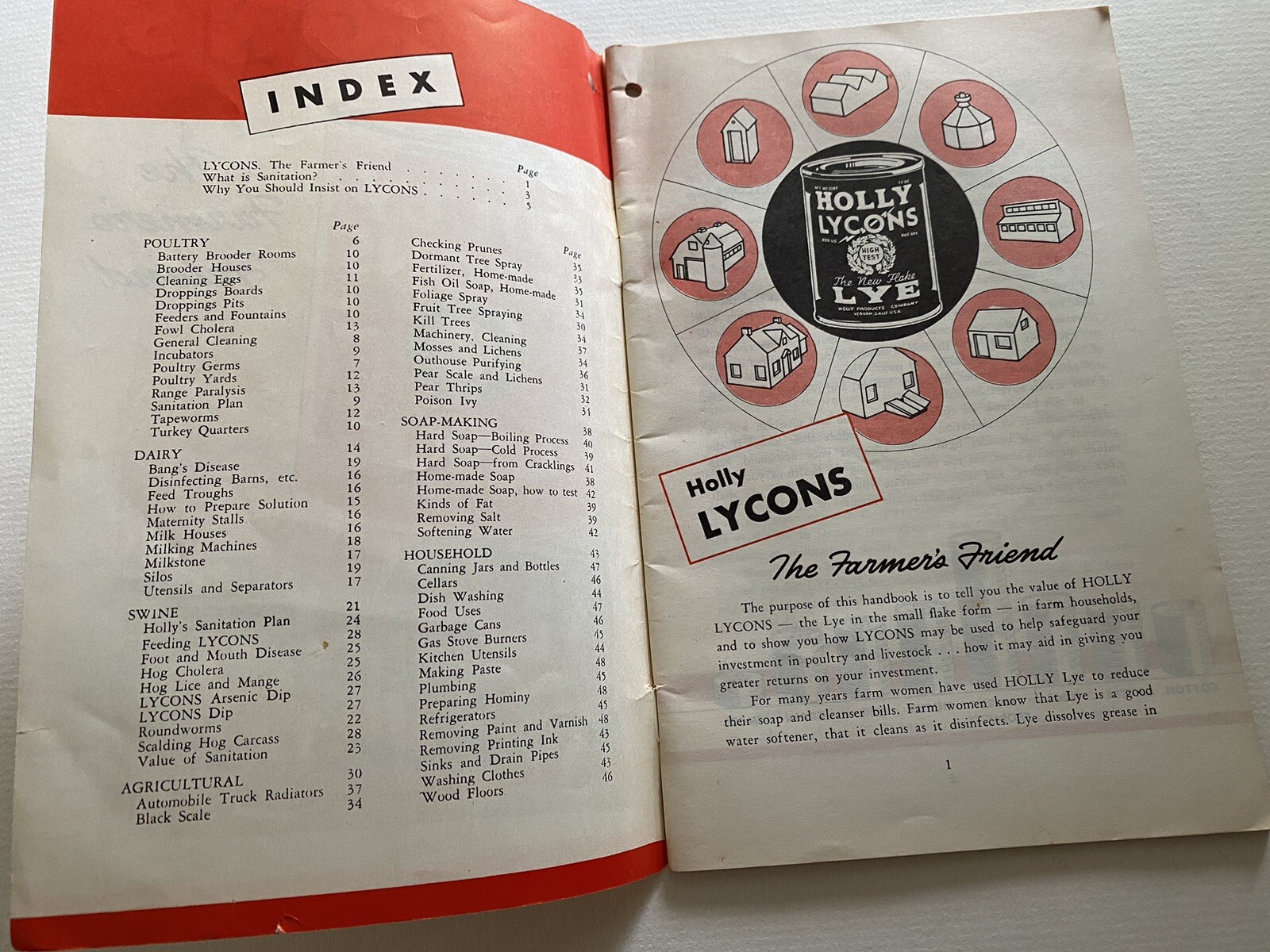 LYCONS The Farmers Friend, New Flake Lye Vintage Handbook Holly Products 1930’s