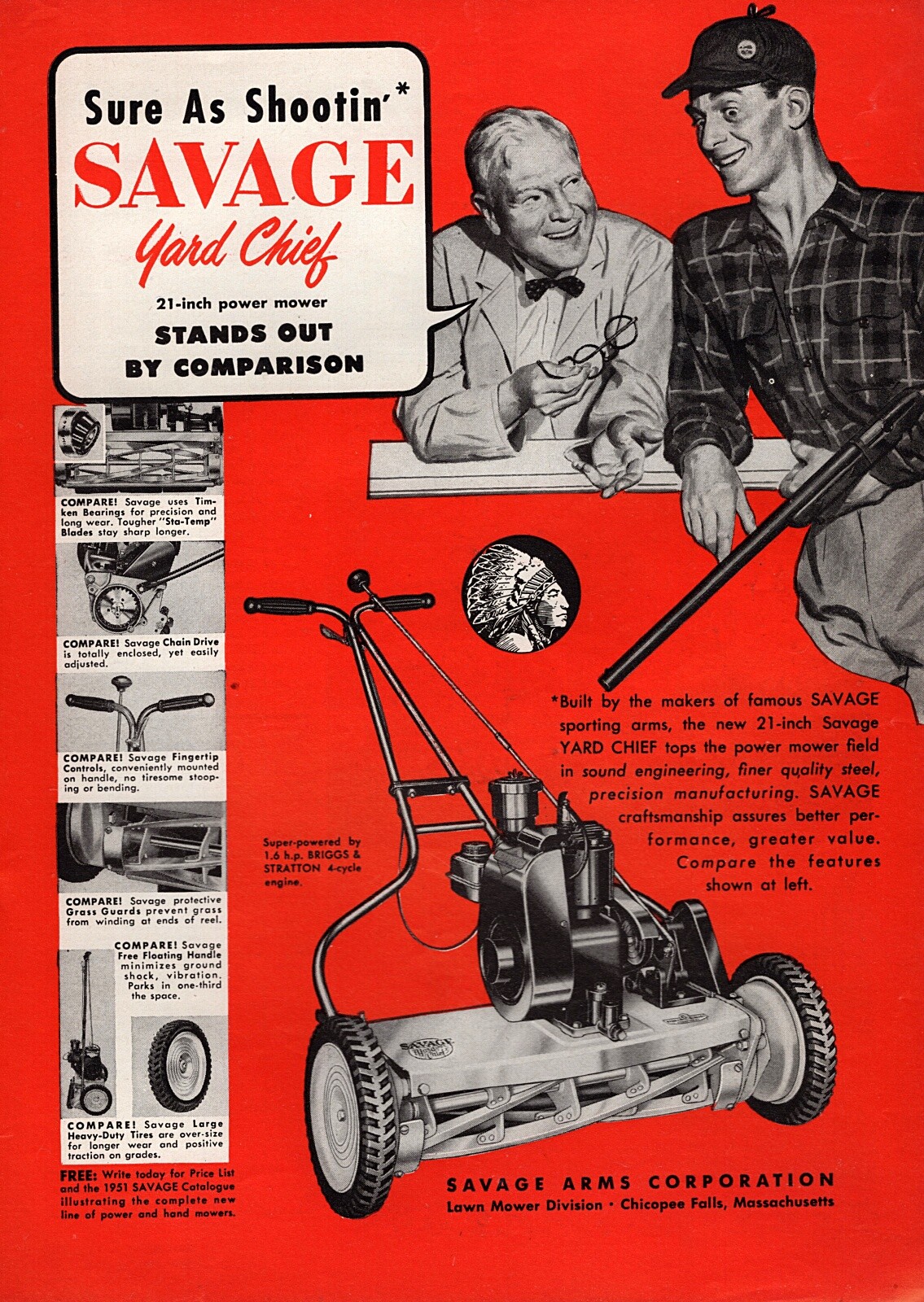 1951 Savage Yard Chief Lawnmower Original Print Ad
