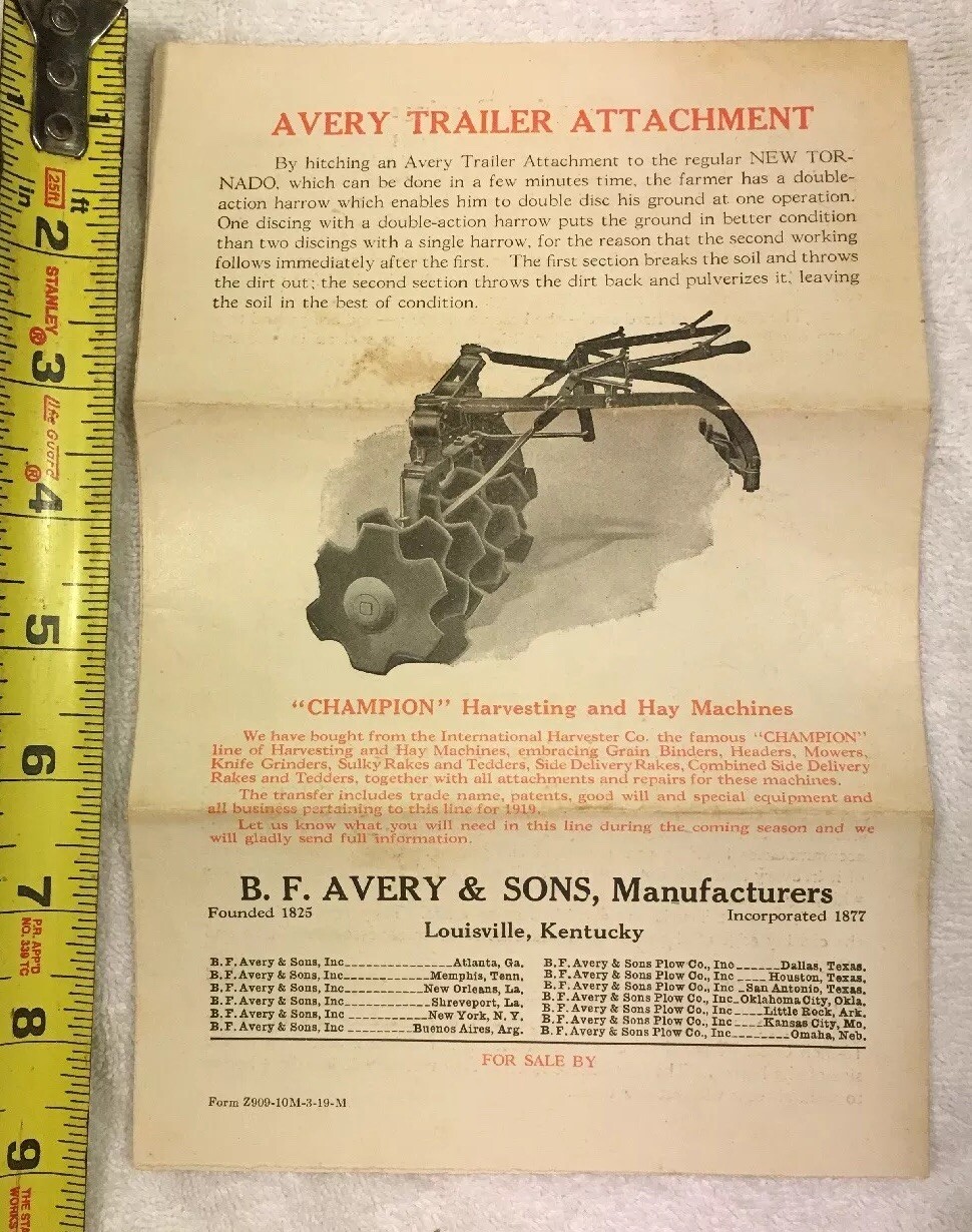 BF Avery Lexington Tractor Disk Harrow Dealer’s Brochure & Queen Irwin Martin KY