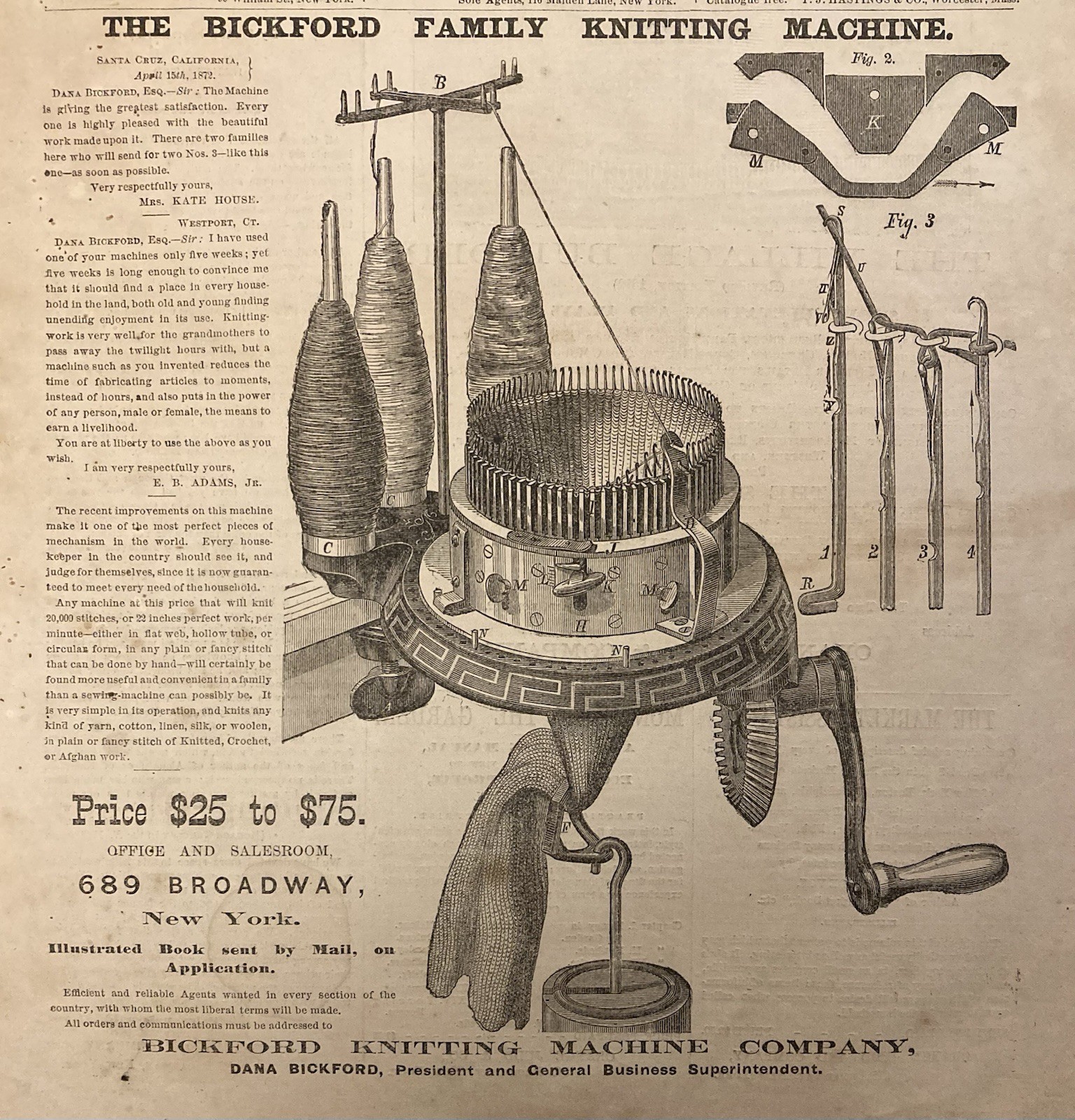1872 AD.(XH64)~BICKFORD KNITTING MACHINE CO. BROADWAY, NY. KNITTING MACHINE