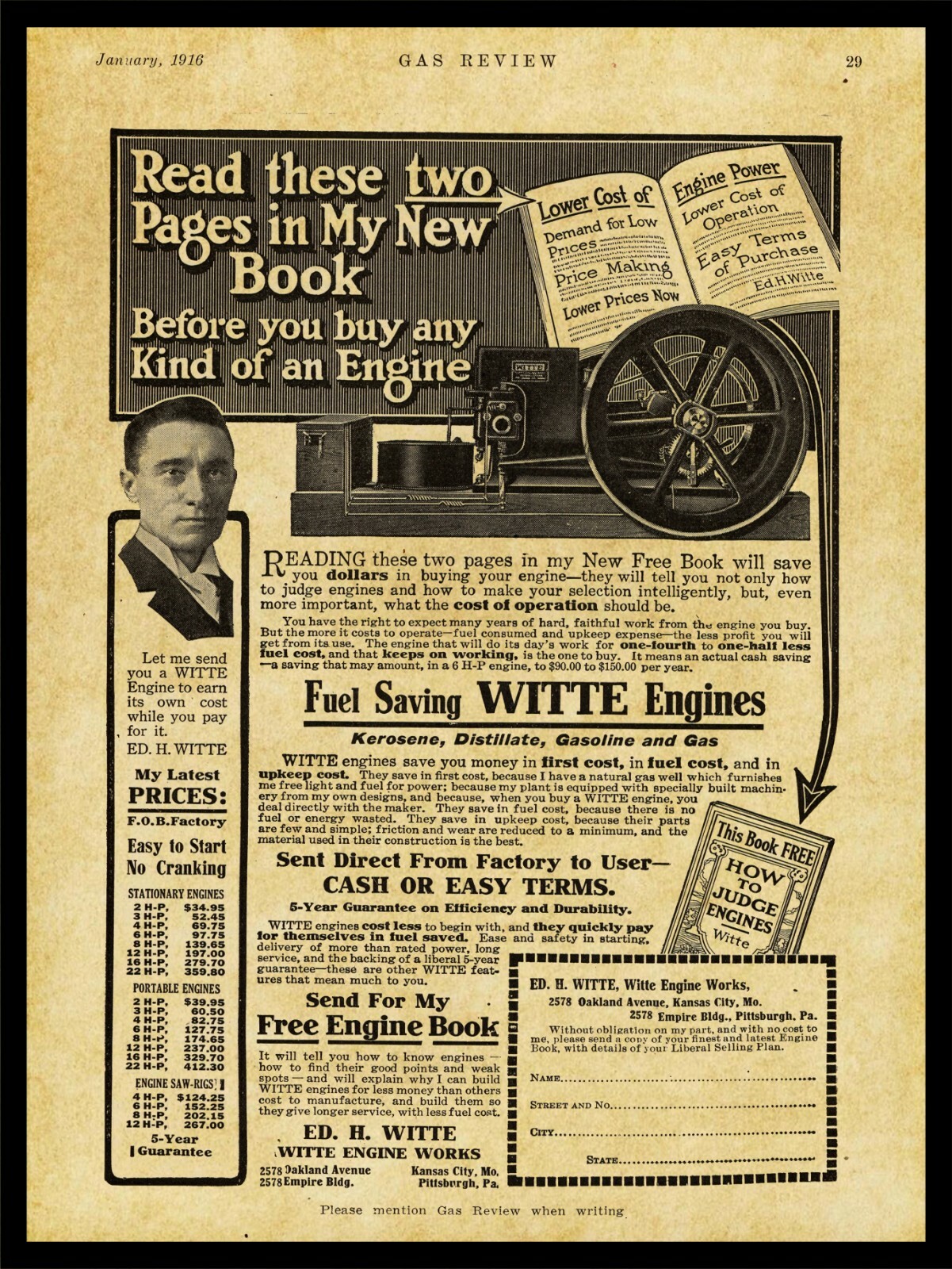 1916 Witte Engine Works New NEW Metal Sign: Kerosene, Gas, Naphtha, Kansas City