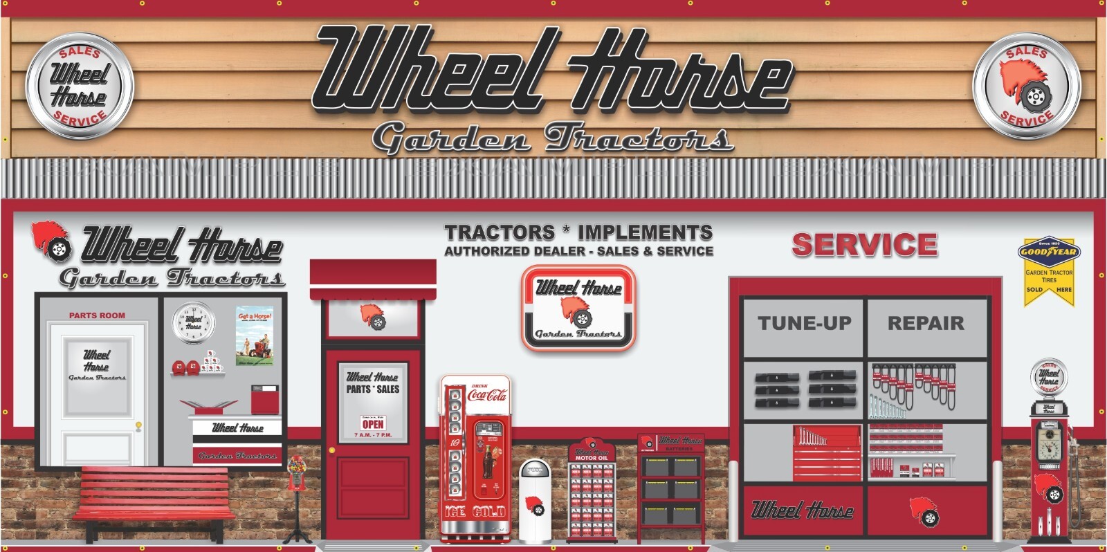 WHEEL HORSE GARDEN TRACTOR DEALER SALES SERVICE SCENE WALL MURAL SIGN BANNER ART