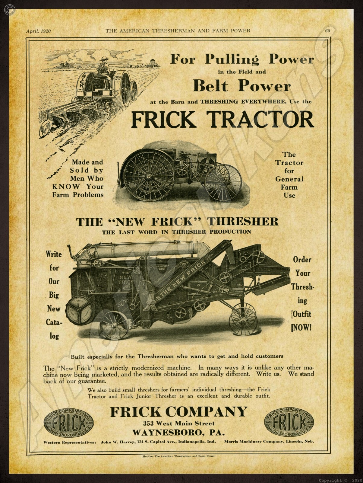 1920 Frick Tractor & Thresher NEW Sign 24″x30″ USA STEEL XL Size 7 lbs