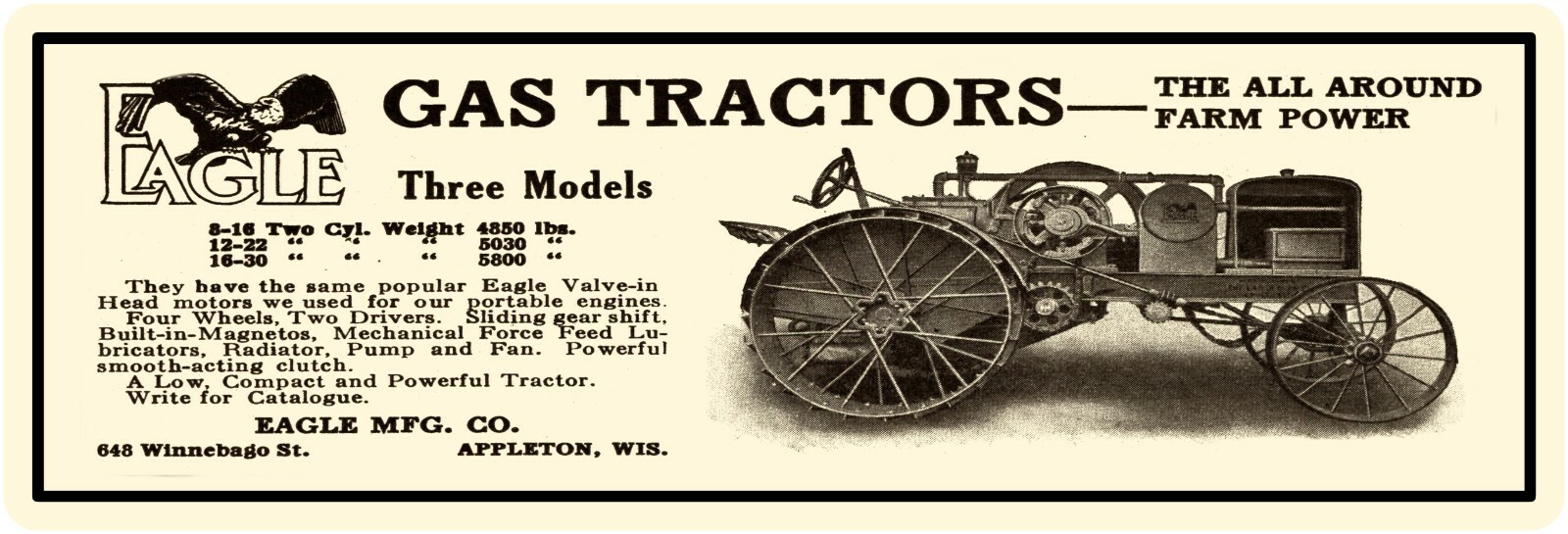 Eagle Gas Tractors of Appleton, WI Sign, 12″ x 36″ USA STEEL XL Size – 4 POUNDS