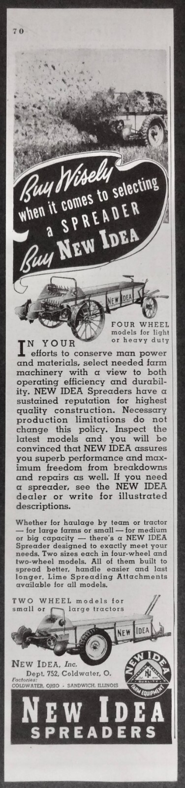 1942 Magazine Ad New Idea Spreaders Coldwater Ohio Black & White 11 1/4″x 2 1/2″
