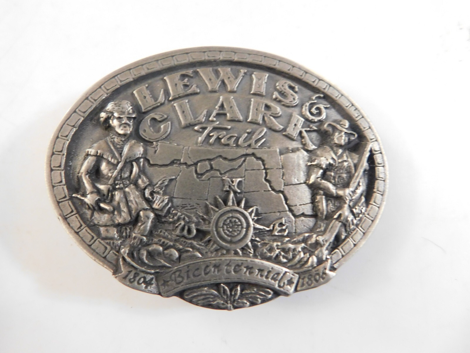 LEWIS & CLARK TRAIL BELT BUCKLE BIECENTENNIAL NEW STONE POST BUCKLE CO.