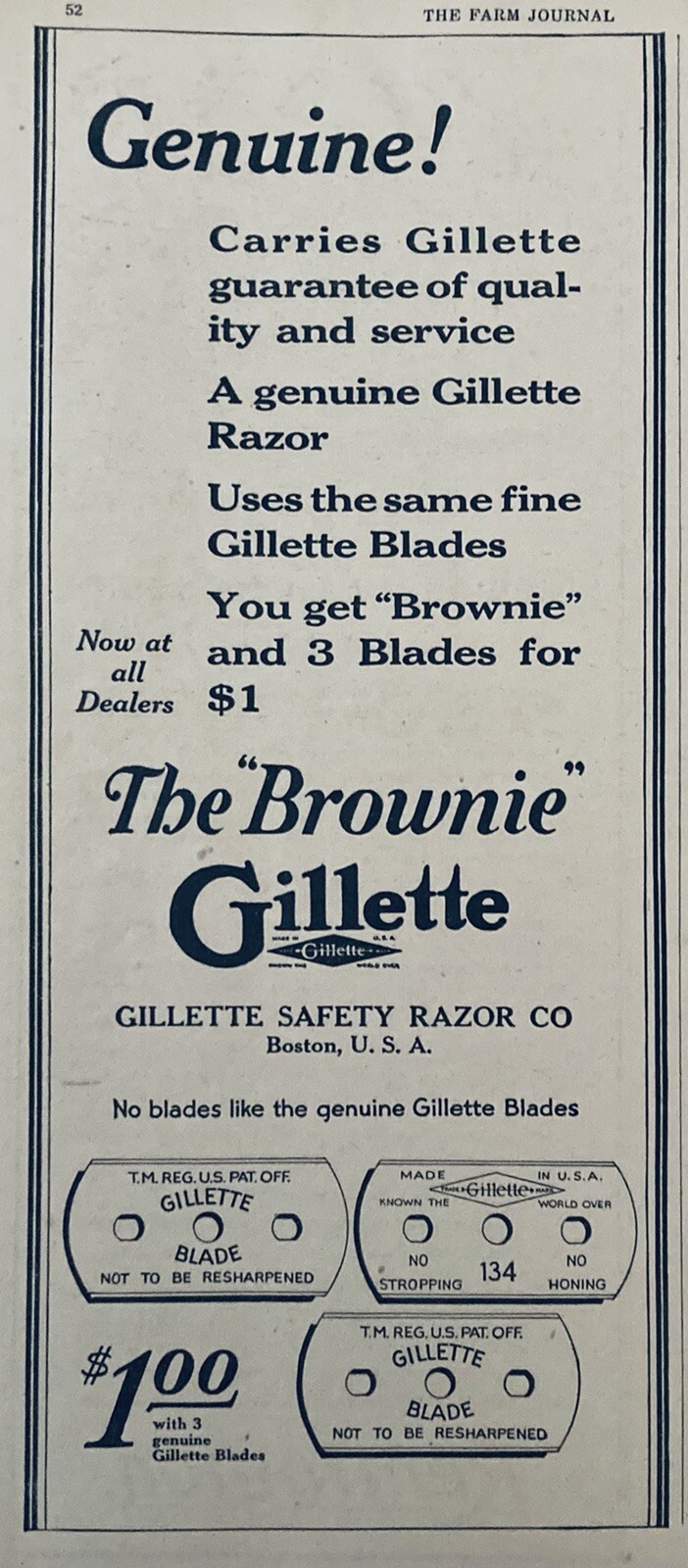 1922 AD(XH54)~GILLETTE SAFETY RAZOR CO. BOSTON. THE “BROWNIE” GILLETTE