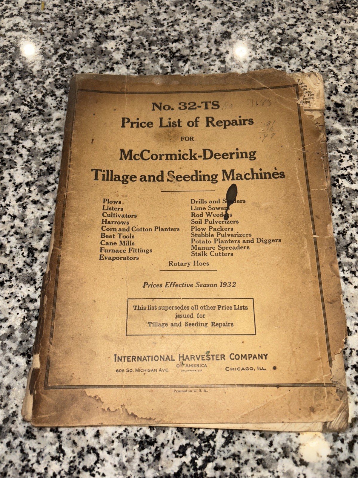 No. 32-TS Price list For Repairs McCormick-Deering Tillage&Seeding Machines
