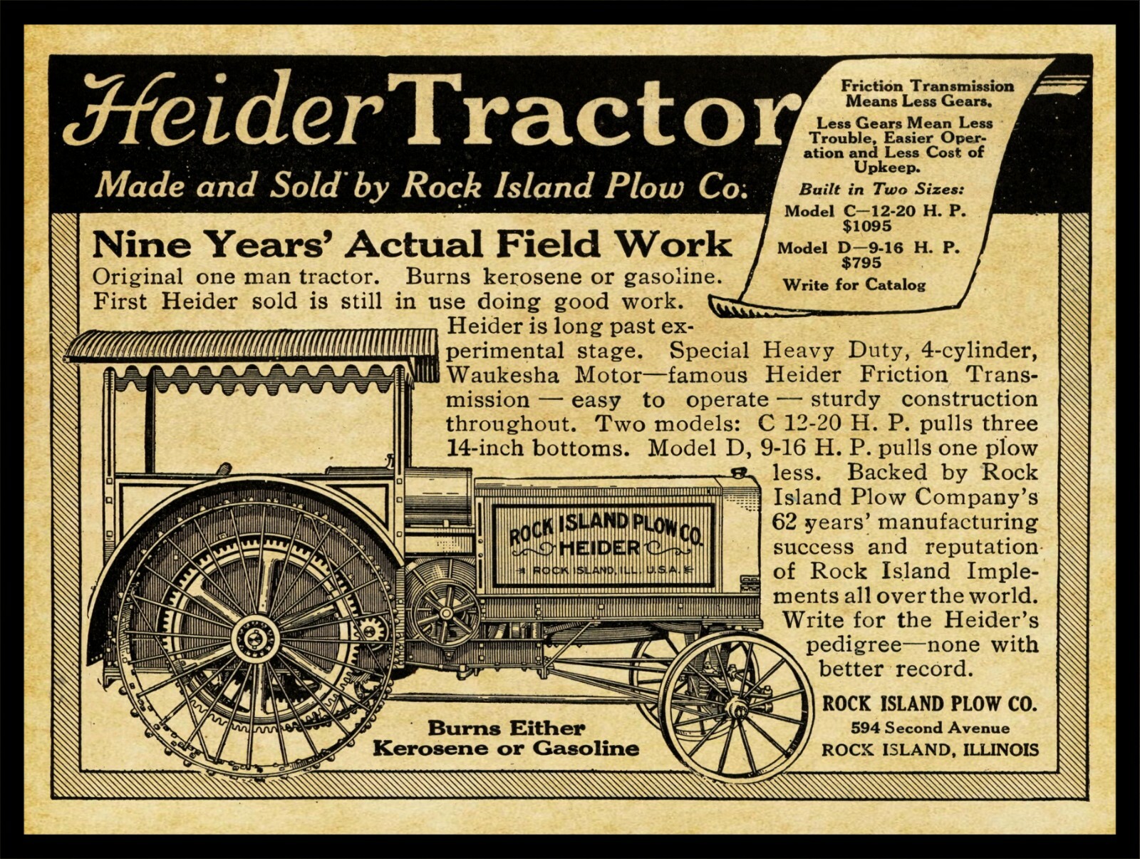 1917 Heider Tractors, Rock Island, IL NEW Metal Sign – 24″ x 30″ STEEL – 7lbs.