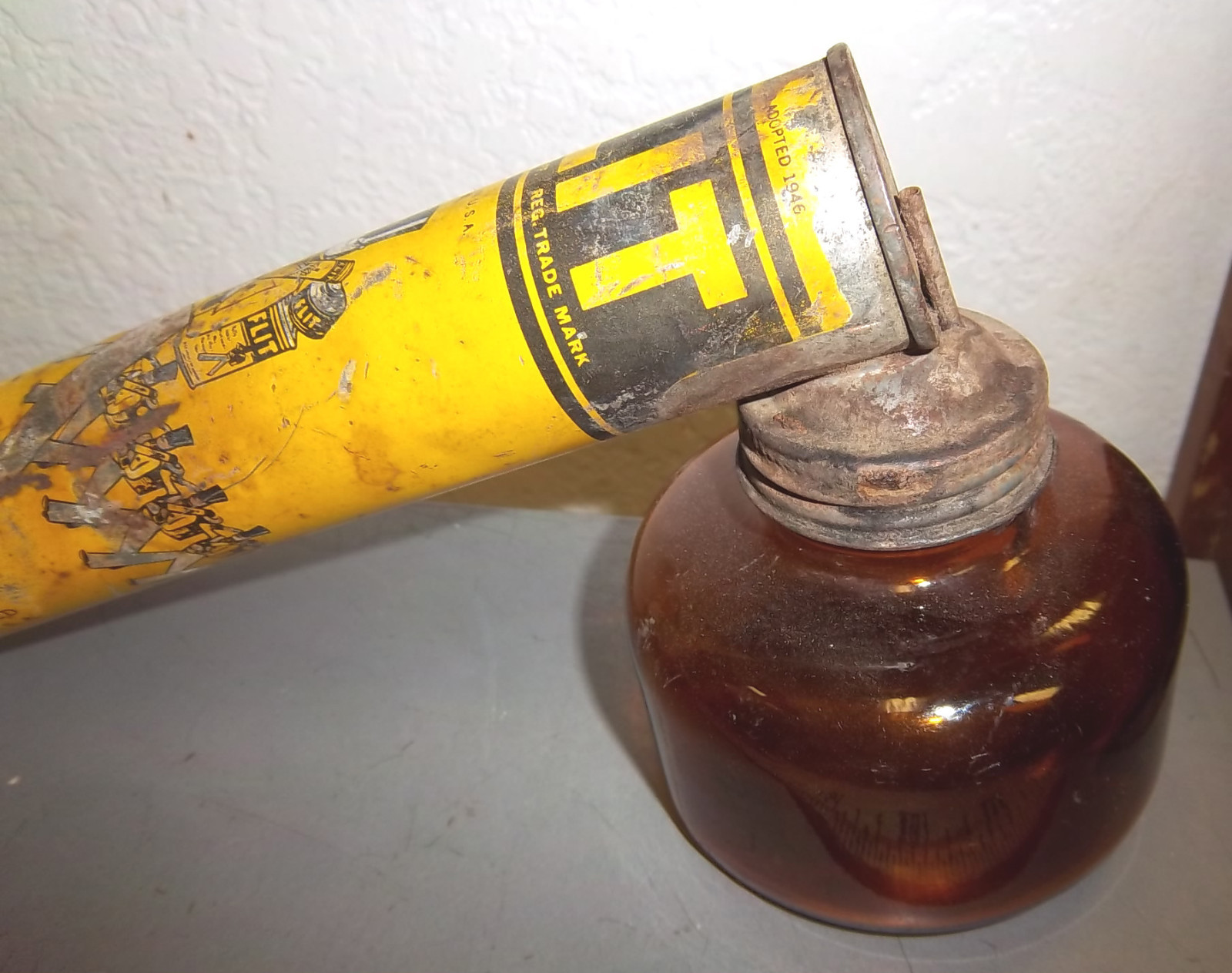 vintage FLIT sprayer, wood handle & amber glass container, great colors!!