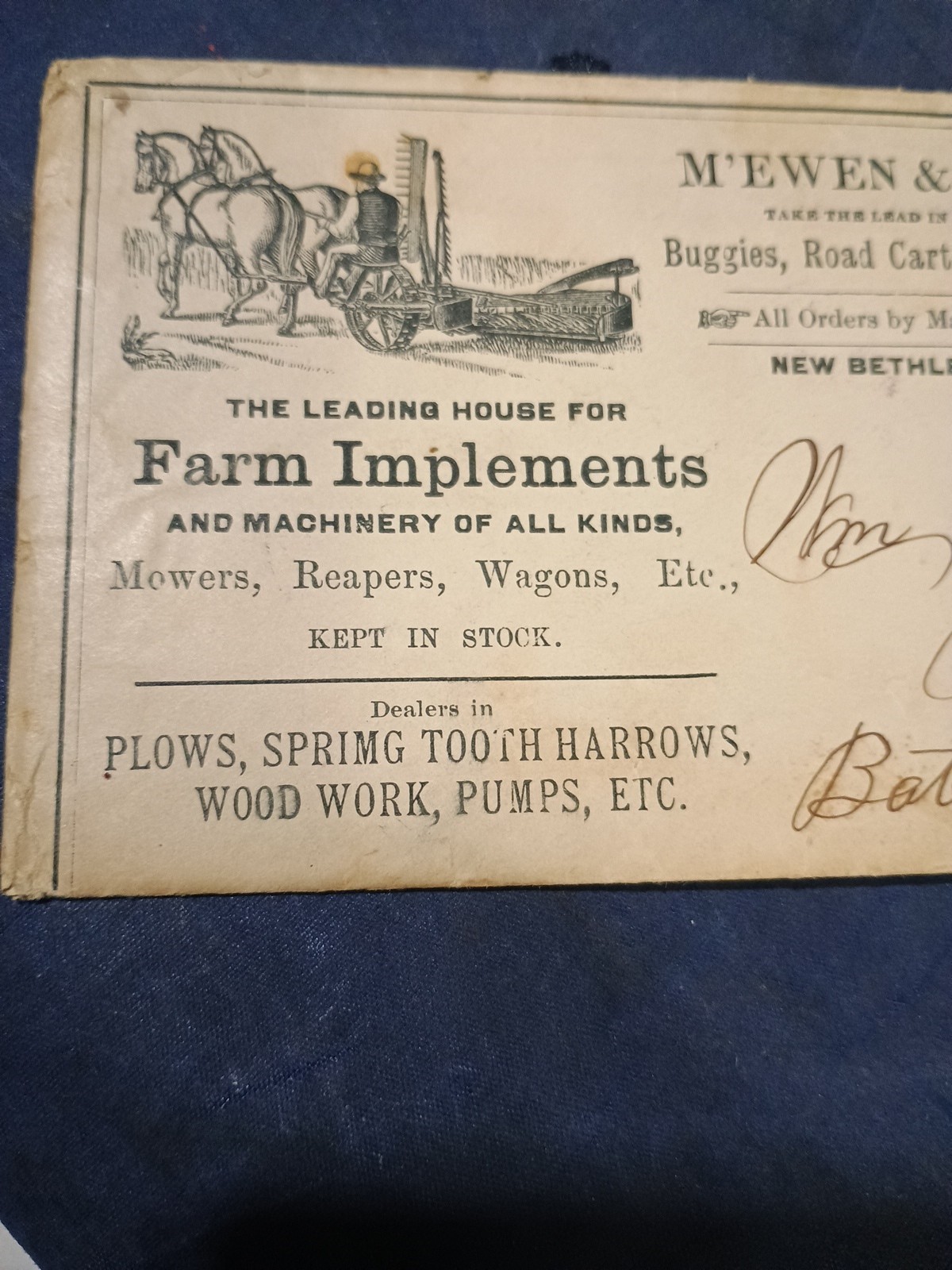 Vintage 1890 M’EMEN & SMITH Farm Implements,Letter & Envelope