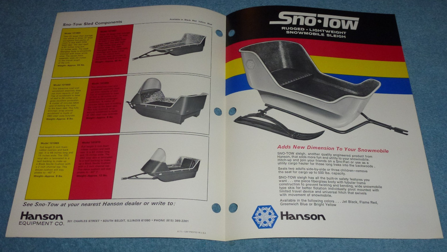 1971 Hanson Equipment Co Sno-Tow Fiberglass Snowmobile Sleds & Sleighs Brochure