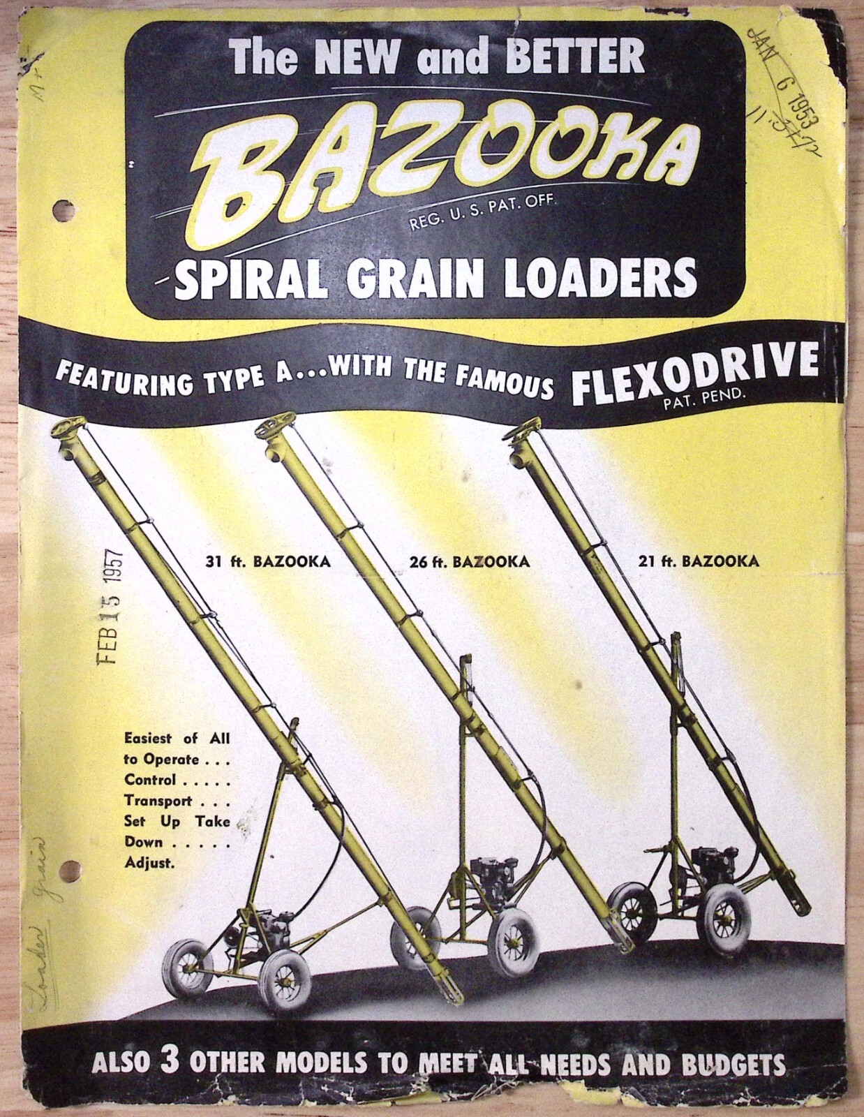 1953 Bazooka Spiral Grain Loaders Flexodrive Brochure Wyatt Mfg Co Salina KS