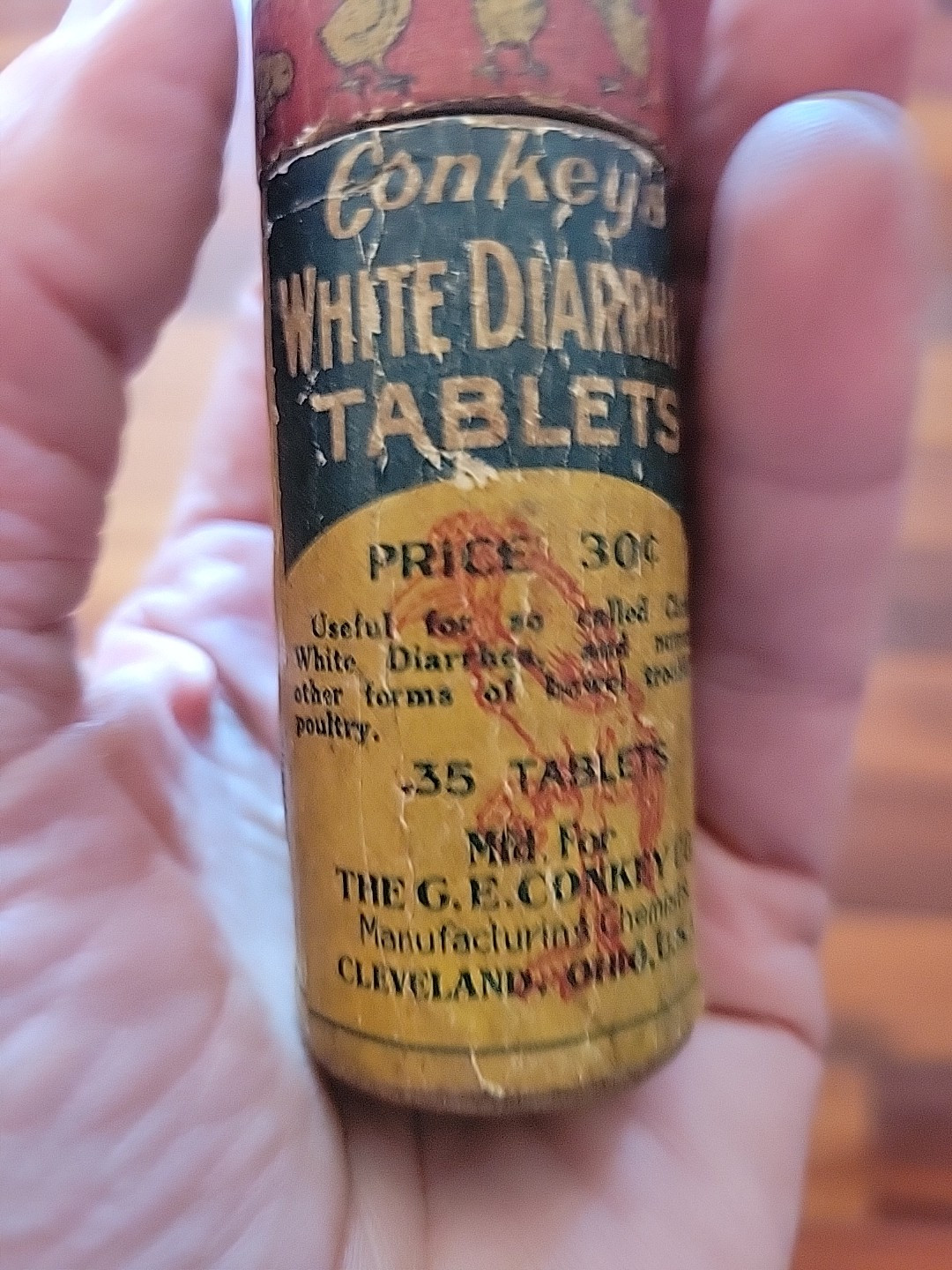 Antique Conkeys White Diarrhea Tablets Chicks Farm Medicine Rare Wood Bottle SEE