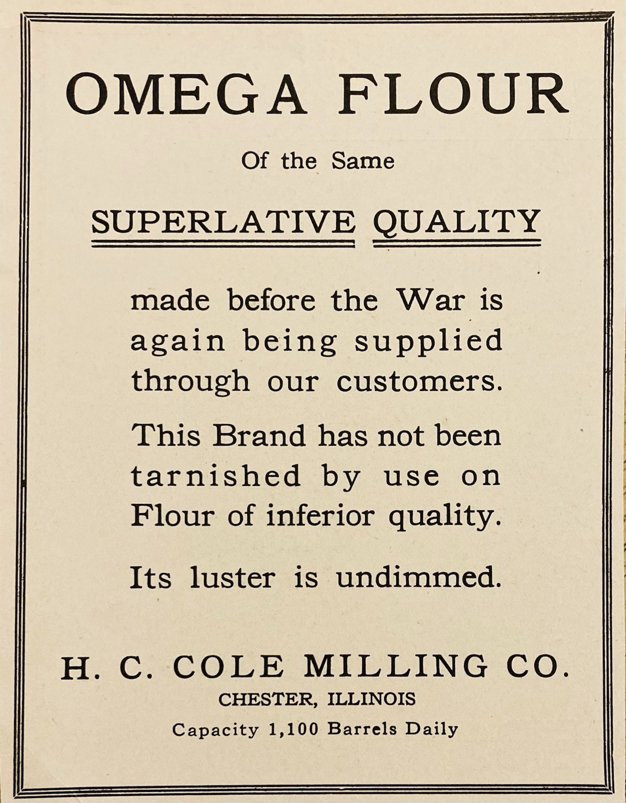 1919 AD.(PC9)~H.C. COLE MILLING CO. CHESTER, ILL. OMEGA BRAND FLOUR