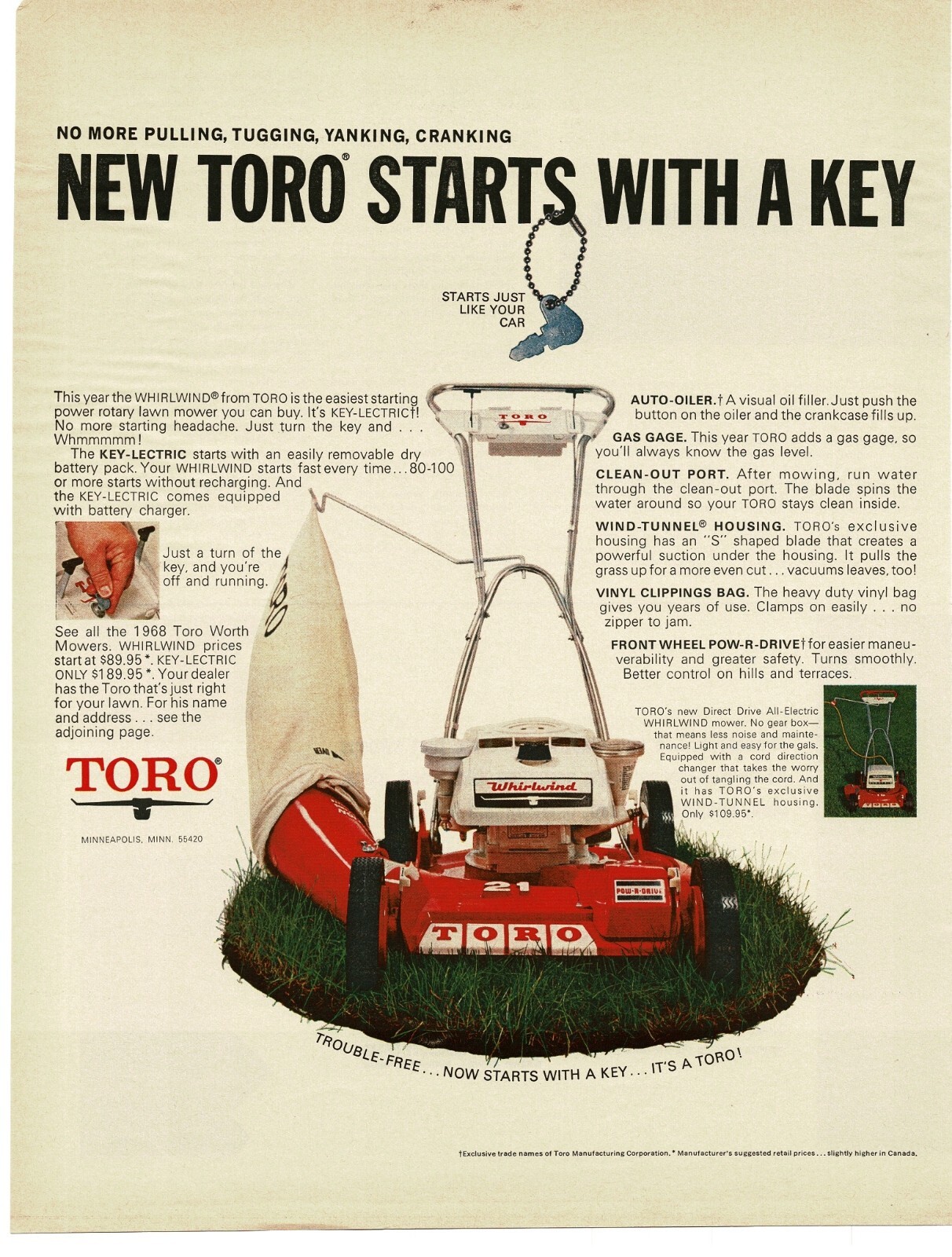 1968 TORO Whirlwind Lawnmower Key-Lectric start Vintage Print Ad