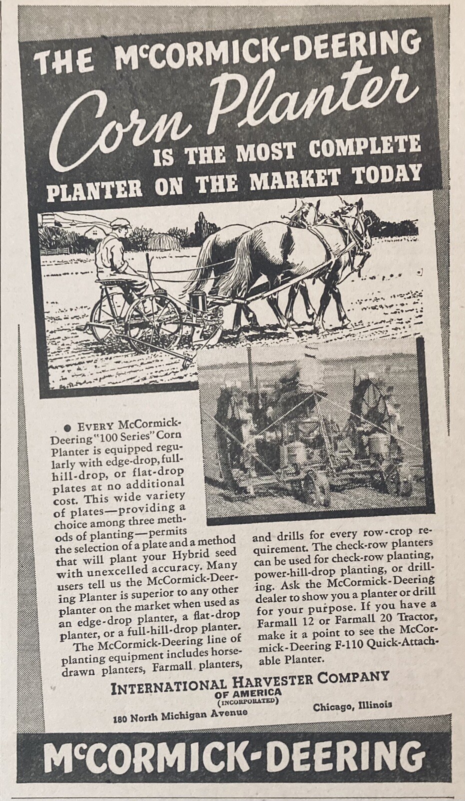 1938 AD.(XH18)~INTERNATIONAL HARVESTER MCCORMICK-DEERING 100 SERIES CORN PLANTER