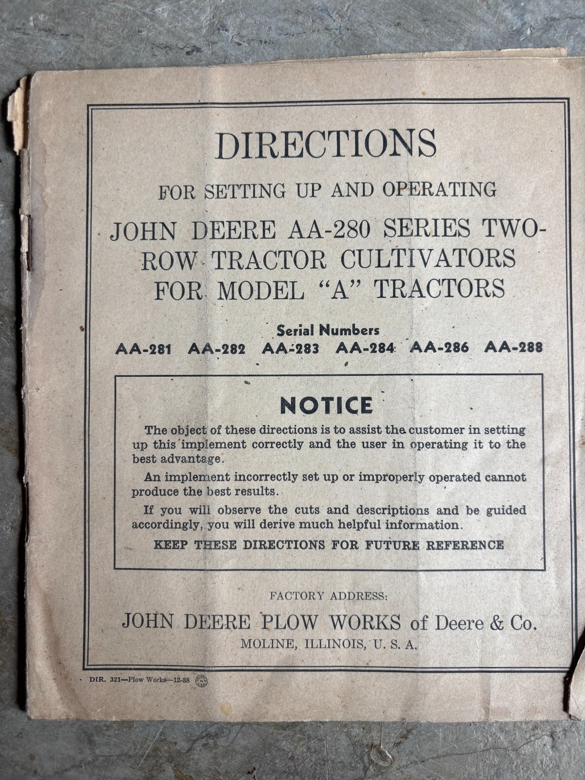 John Deere AA-280 Series Cultivators Operator’s Manual AMIL26