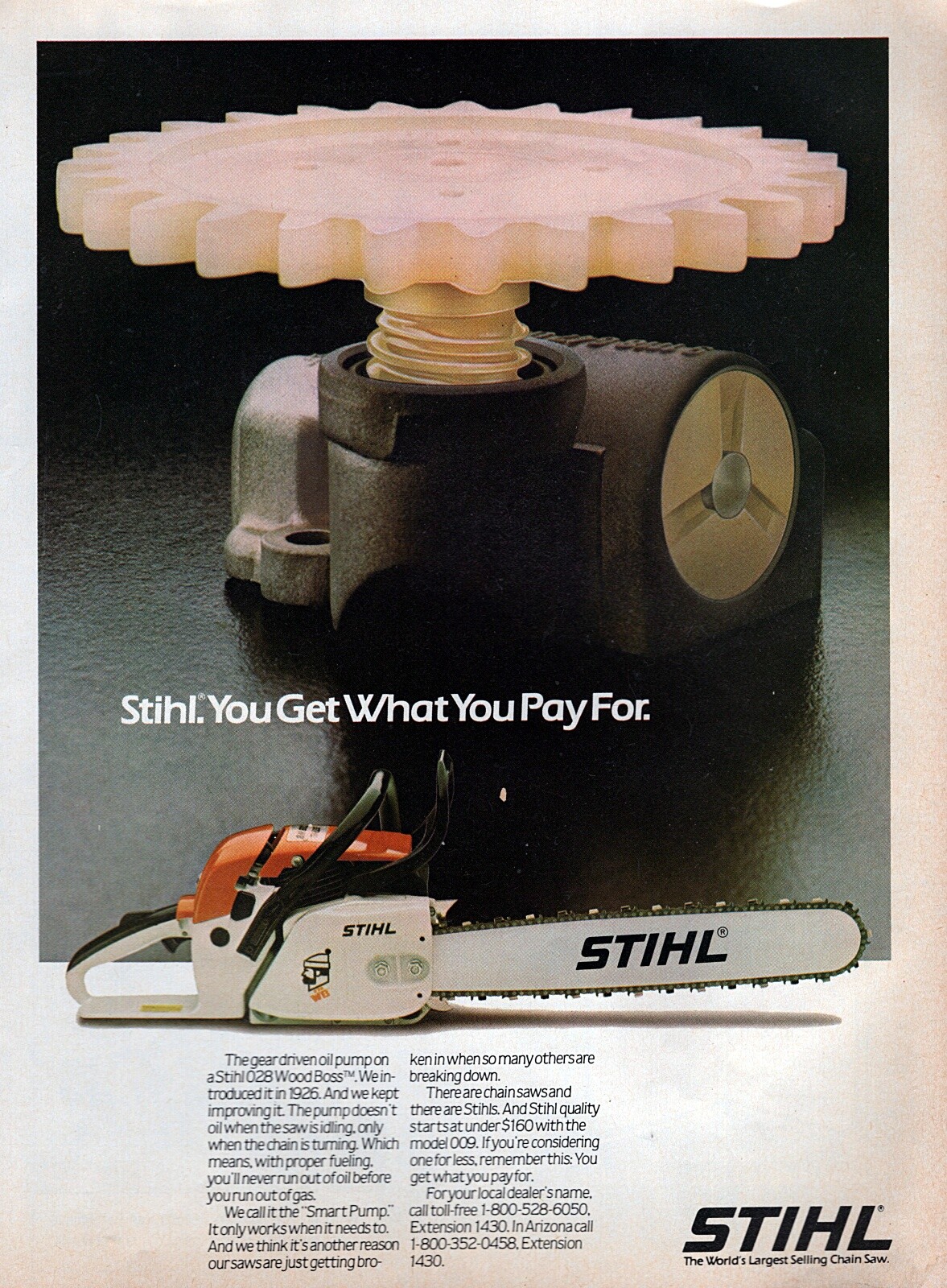 1982 Stihl 028 Wood Boss Chainsaw Original Color Print Ad