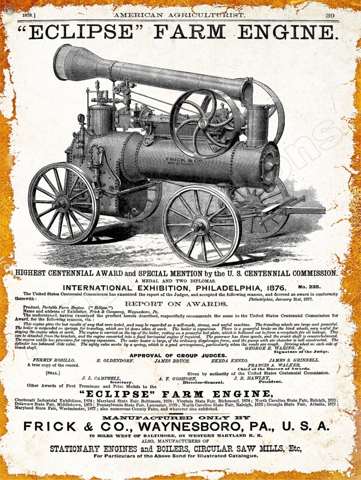 1878 Frick Eclipse Farm Engine NEW Metal Sign: Free Shipping – 12 x 16″