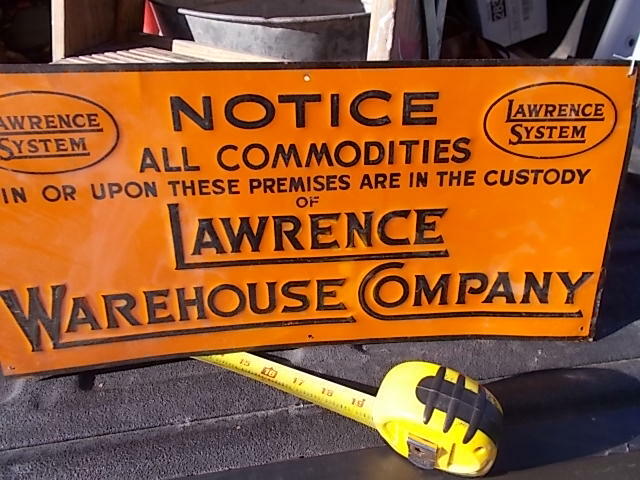 Vintage Tin Sign Lawrence System Warehouse Company Notice Commodities 9 by 19.5