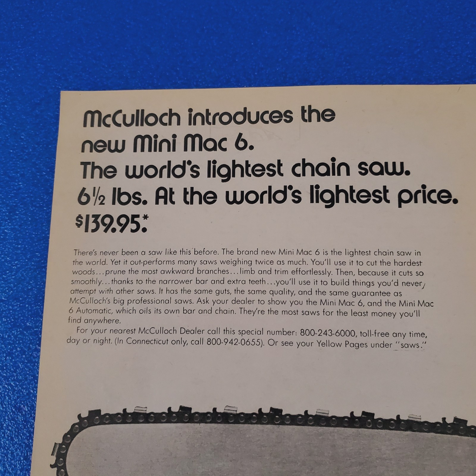1970 McCULLOCH MINI MAC 6 CHAIN SAW ORIGINAL 2 PAGE PRINT AD “GETS THE JOB DONE”