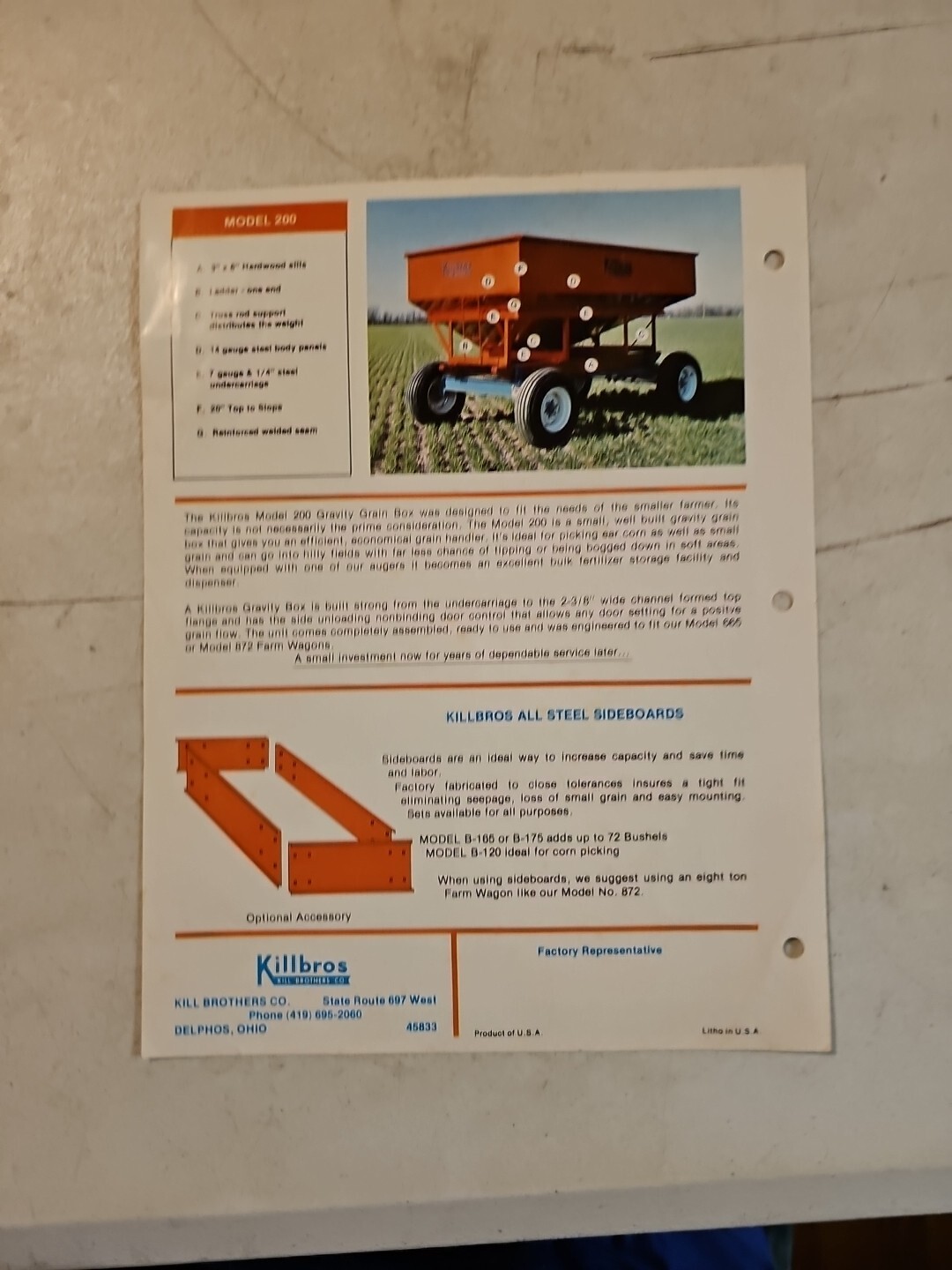 Original Killbros Model 200 Gravity Grain Box Sales Brochure Spec Sheet # 71878