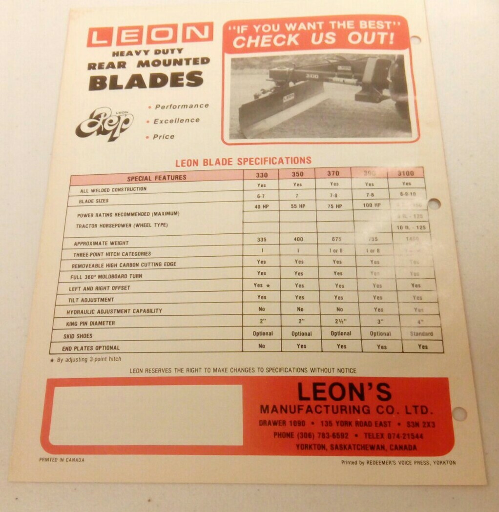 VINTAGE 1974 LEON HEAVY DUTY REAR MOUNTED BLADES FARM TRACTOR SALES BROCHURE