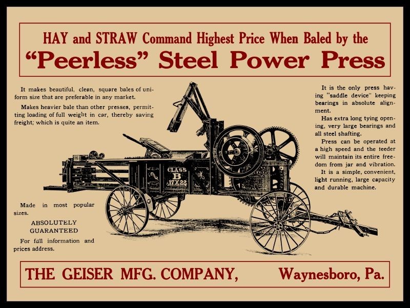 1911 Geiser Peerless Steel Power Hay Press, Waynesboro PA NEW METAL SIGN: 12×16″