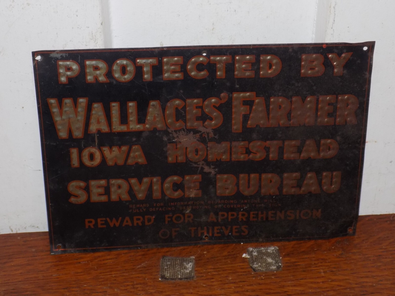 Vintage Protected By Wallaces’ Farmer Iowa Homestead Tin Embossed Sign