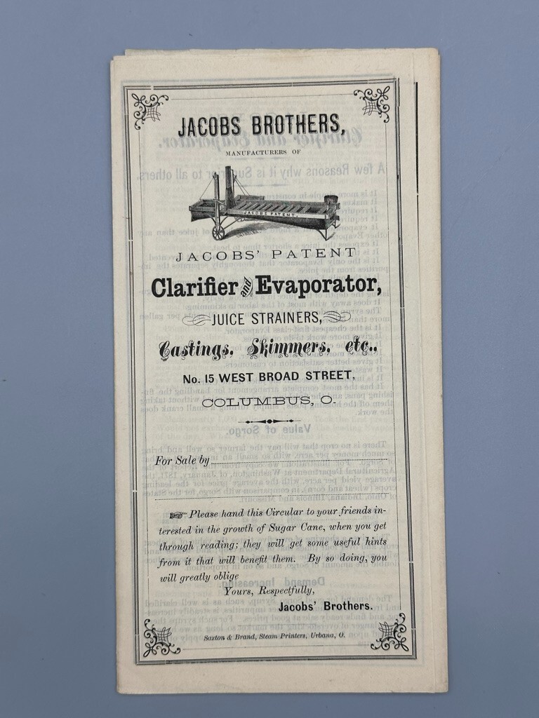 1876 JACOBS Bros SUGAR Cane EVAPORATOR Farm Advertising Antique COLUMBUS Ohio