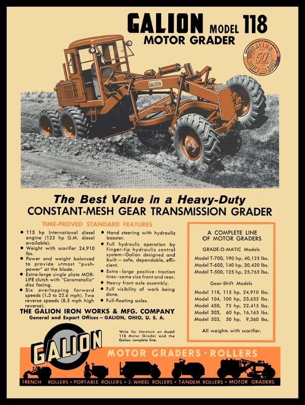 1957 Galion Iron Works Model 118 Motor Grader New Metal Sign: 12×16″ Ships Free