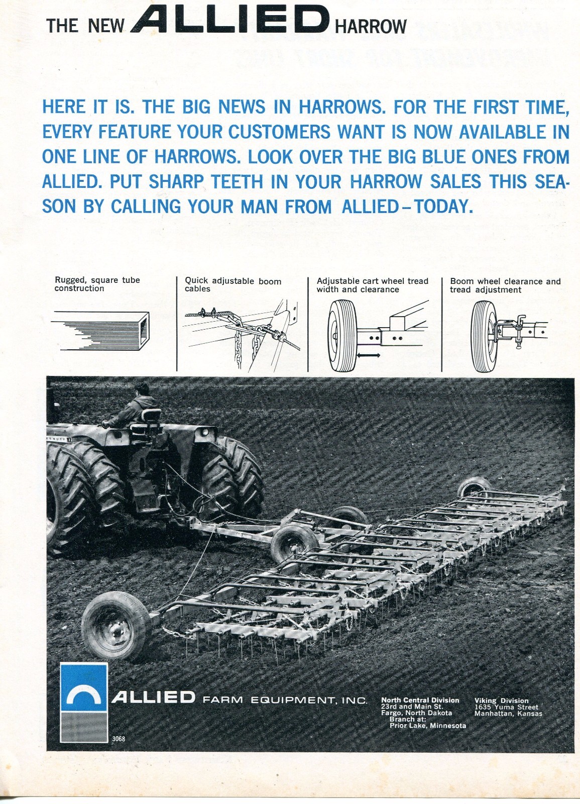 1968 Dealer Print Ad of Allied Farm Equipment Harrow w Cockshutt Tractor