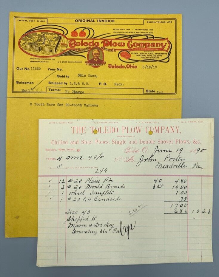 1890 & 1910 TOLEDO PLOW Ohio FARM Advertising Invoice