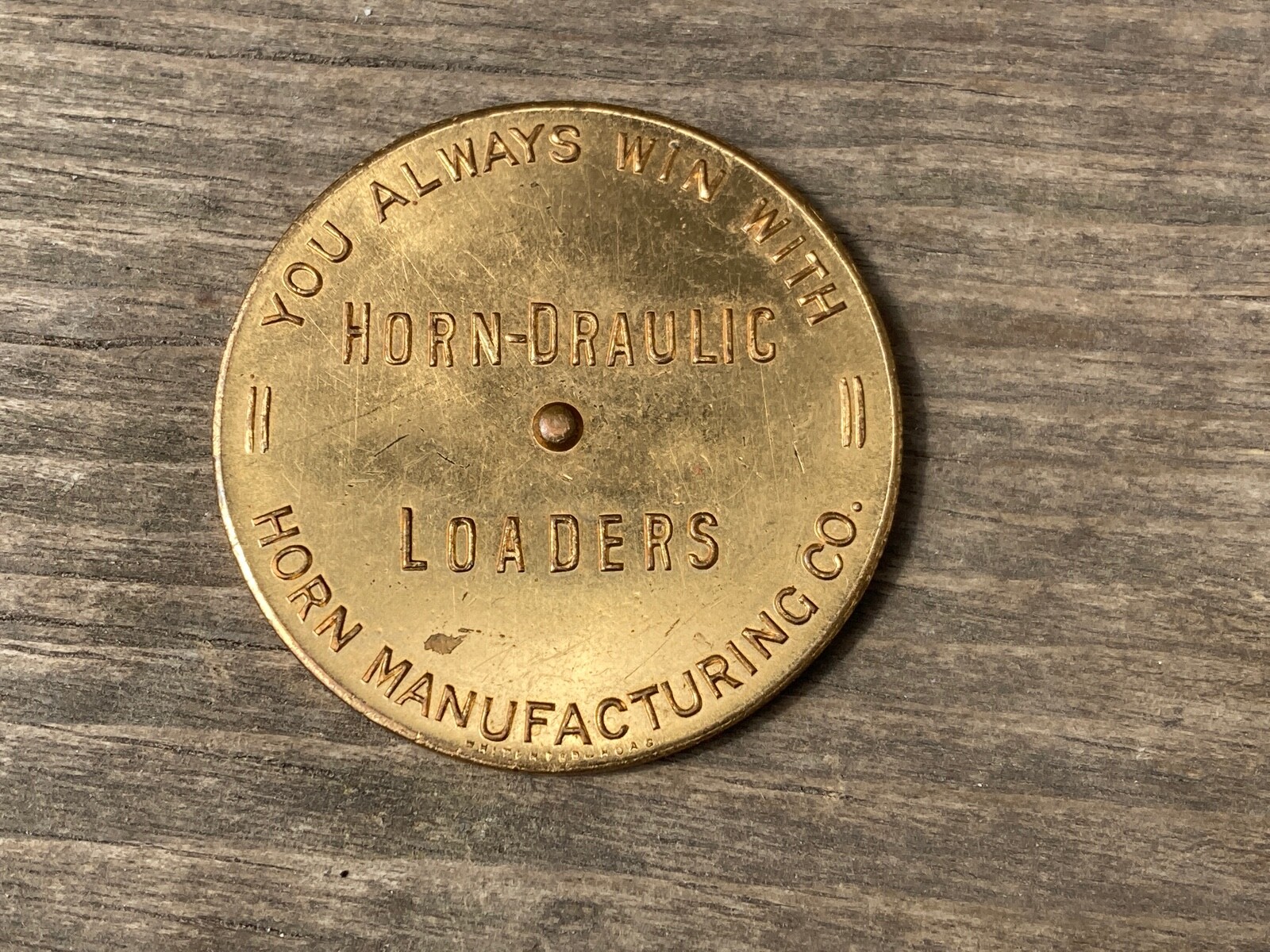 VTG HORN MANUFACTURING CO. HORN-DRAULIC LOADERS SPINNER TOKEN COIN NEW IDEA
