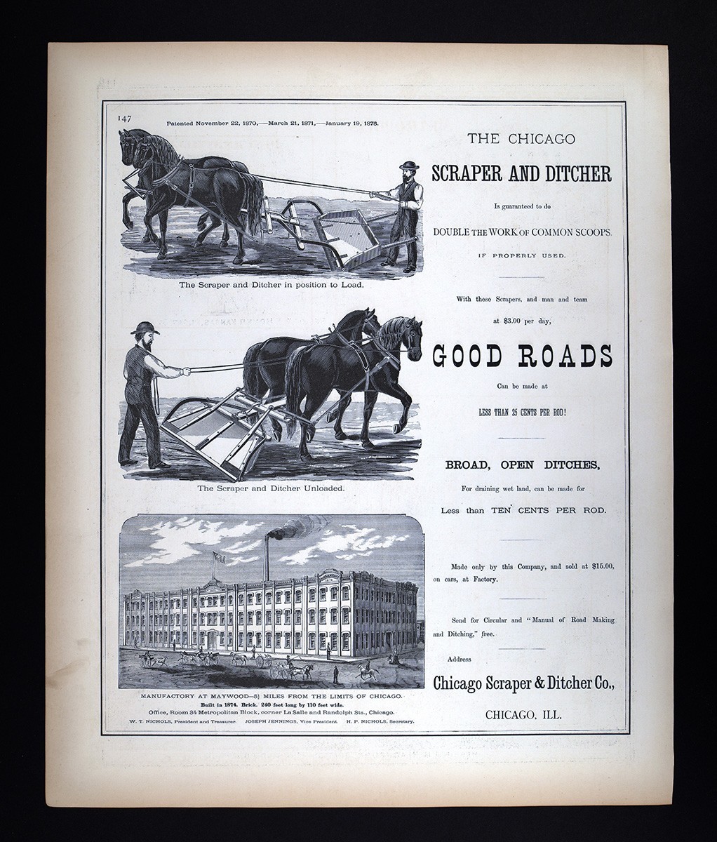 1876 Illinois Atlas Ad Pring Chicago Scraper & Ditcher Company Road Grading