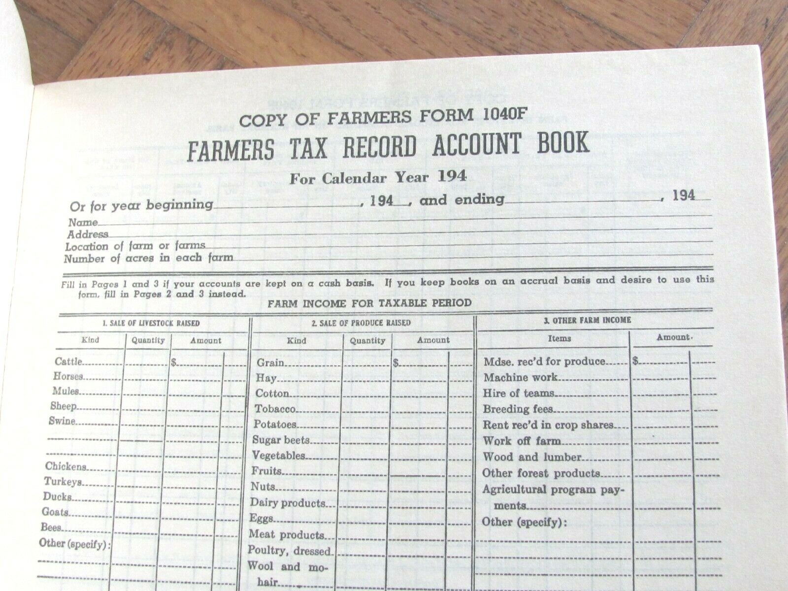 1940’S UNUSED FARM TAX RECORD BOOK – WYOMING ILLINOIS FIRST NATIONAL BANK