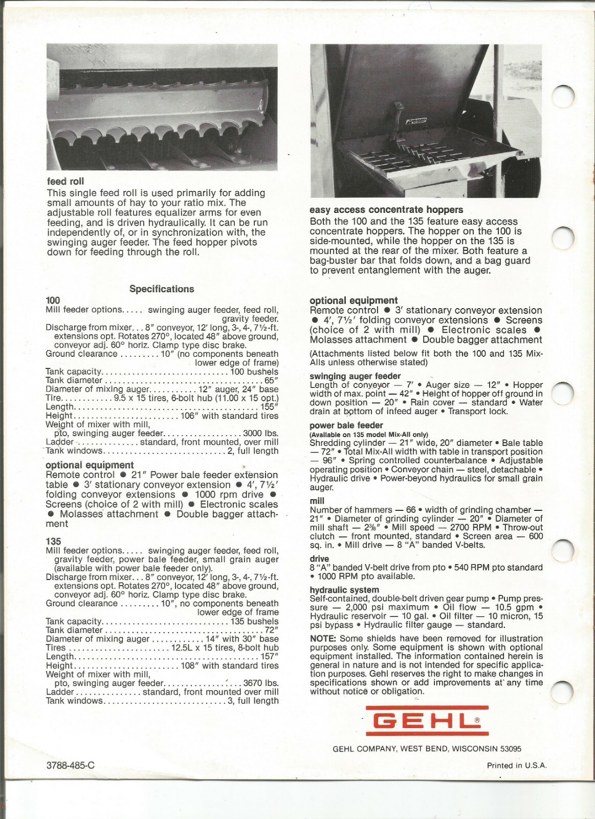 Original OEM OE Gehl Models 100 and 135 Mix-All Sales Brochure Form # 3788-485-C