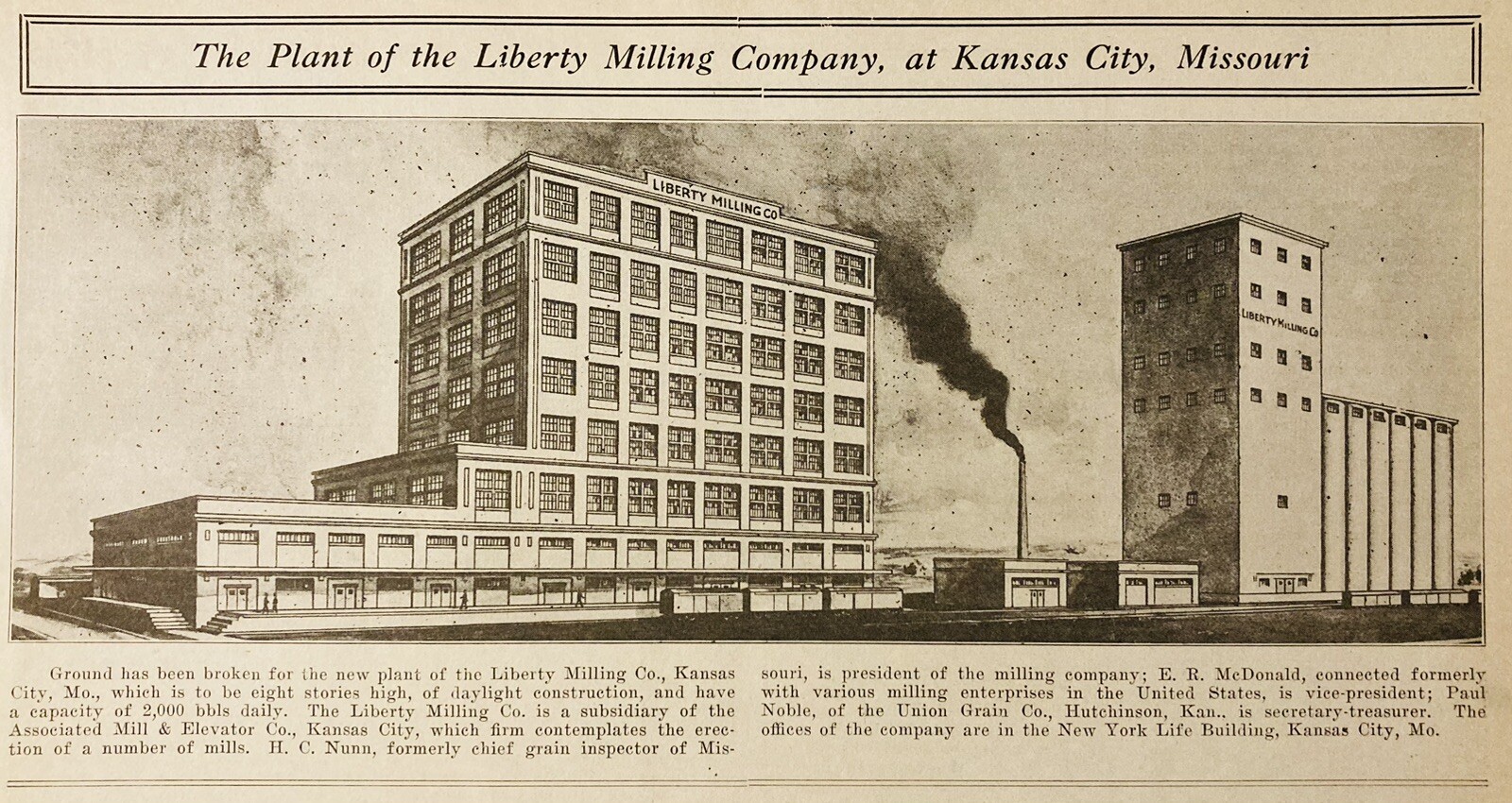 1919 AD.(XH23)~LIBERTY MILLING CO. KANSAS CITY, MO. NEW FLOUR PRODUCTION PLANT